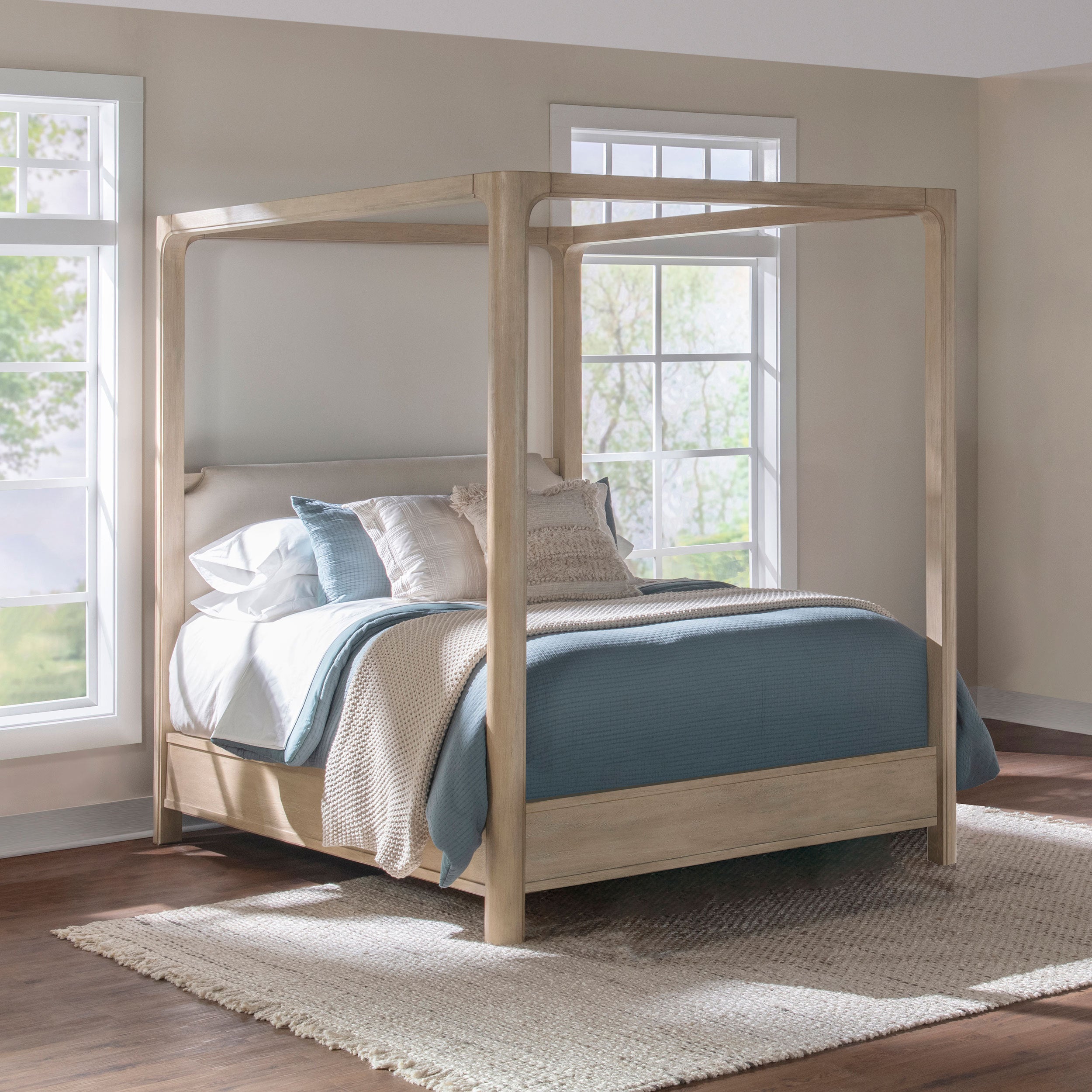 King Canopy Bed Frame with Upholstered Headboard and USB-C