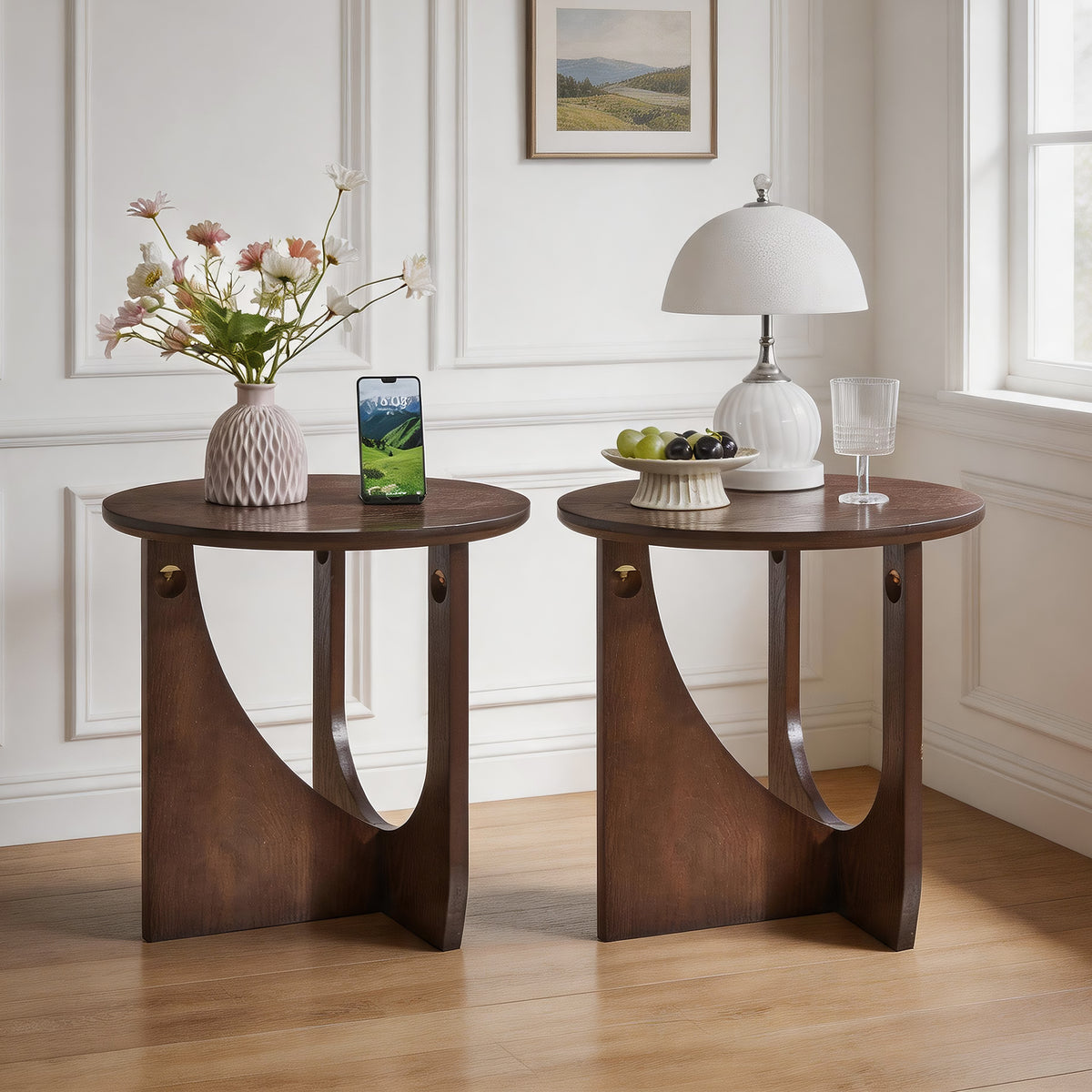 Walnut Solid Wood Round Side Table, Set of 2, 19.7 in
