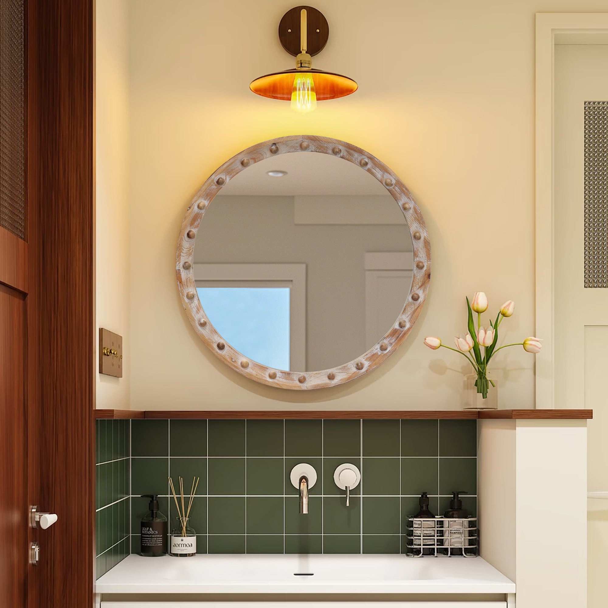 Rustic Round Mirror, 23.62 in Distressed Wood, Rivet Trim