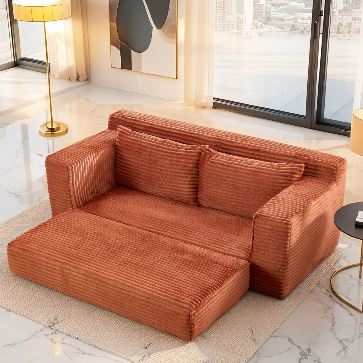 Orange Corduroy Sleeper Loveseat, No Assembly, 72.1 in Wide