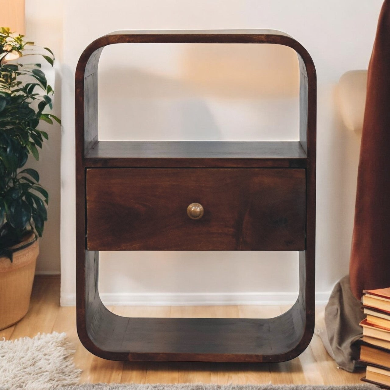 Floating Nightstand with Drawer and 2 Open Slots, Solid Wood
