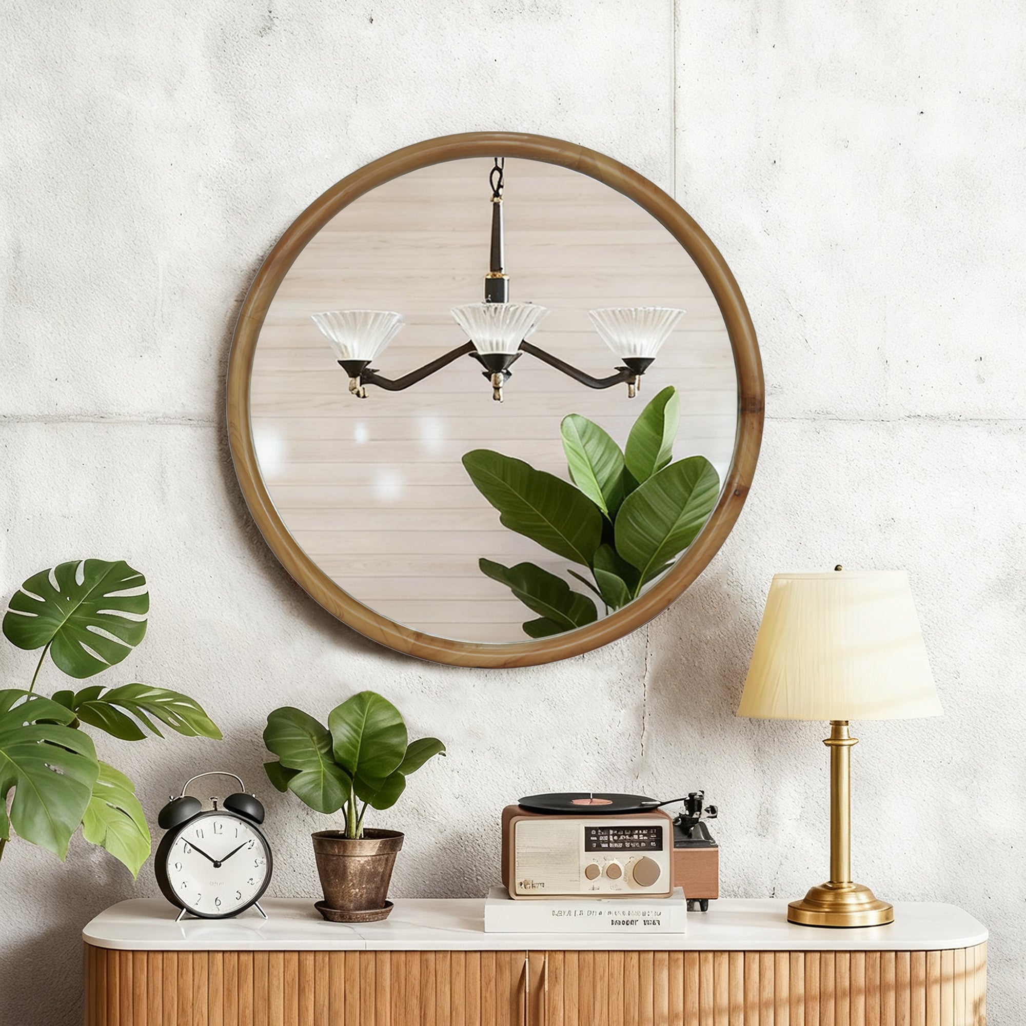 Mid Century Round Wood Mirror, 27.56 in, Natural
