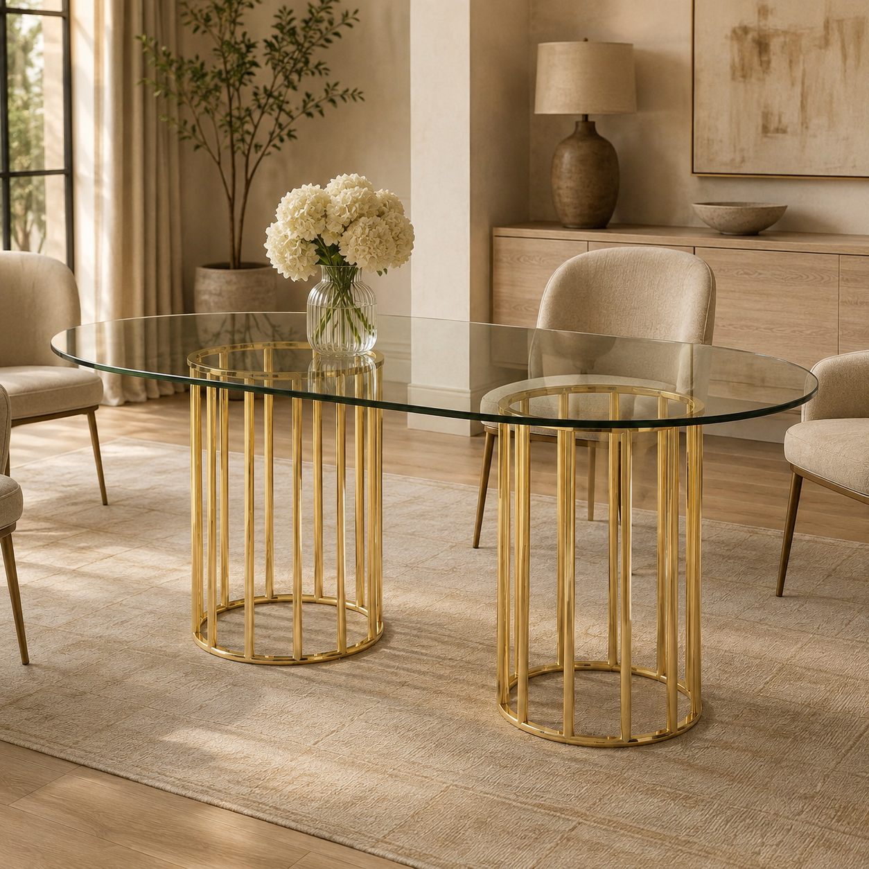 Oval Glass Dining Table, Gold Double-Column Base - Seats 6 to 8