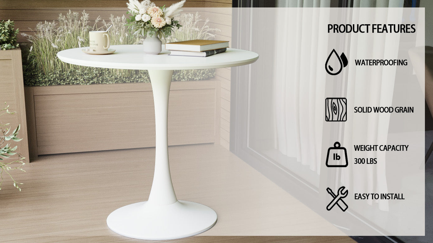 Feature graphic for white tulip dining table showing waterproof, wood grain, 300 lb, and easy install icons