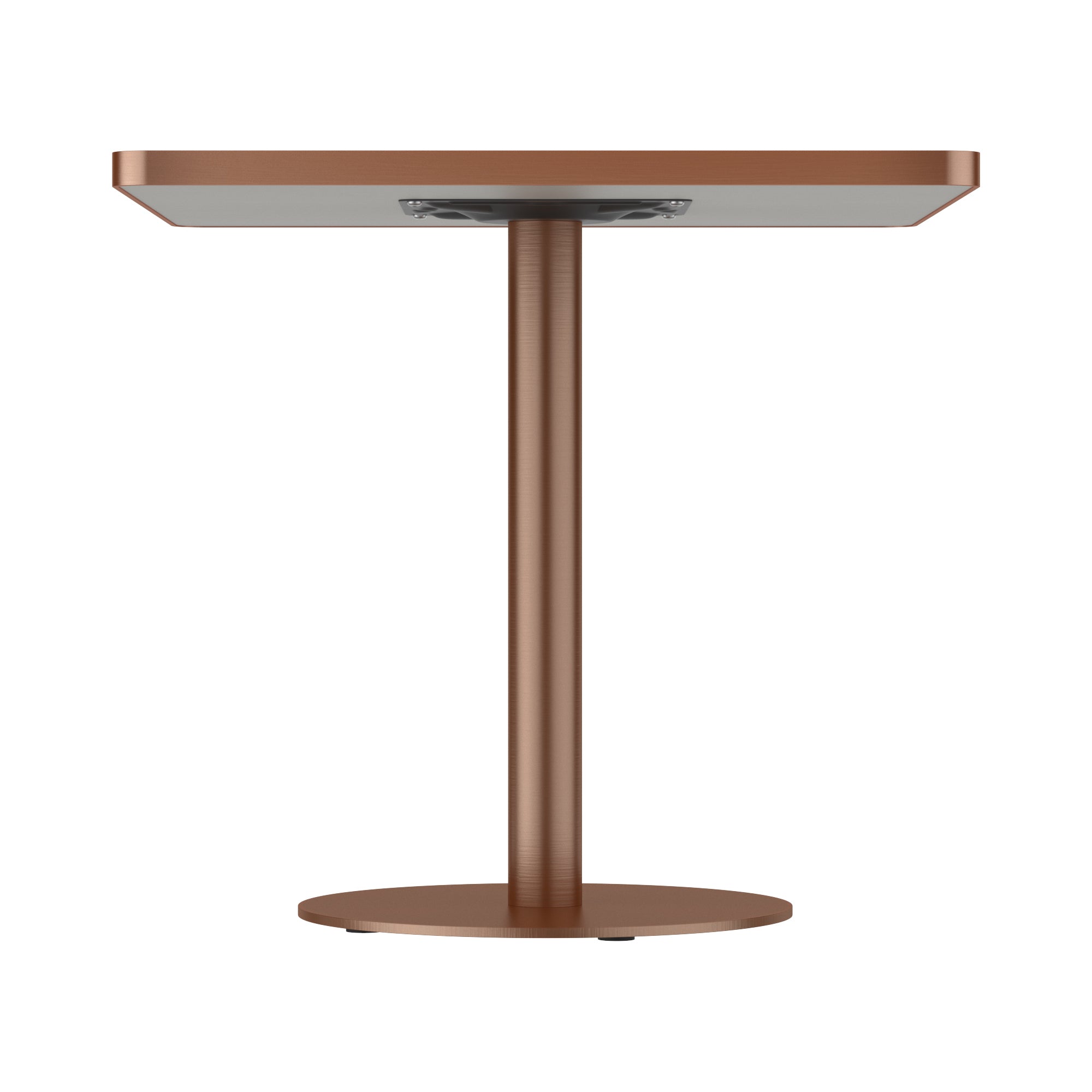 Side view of square dining table showing rose gold column and underside mounting bracket