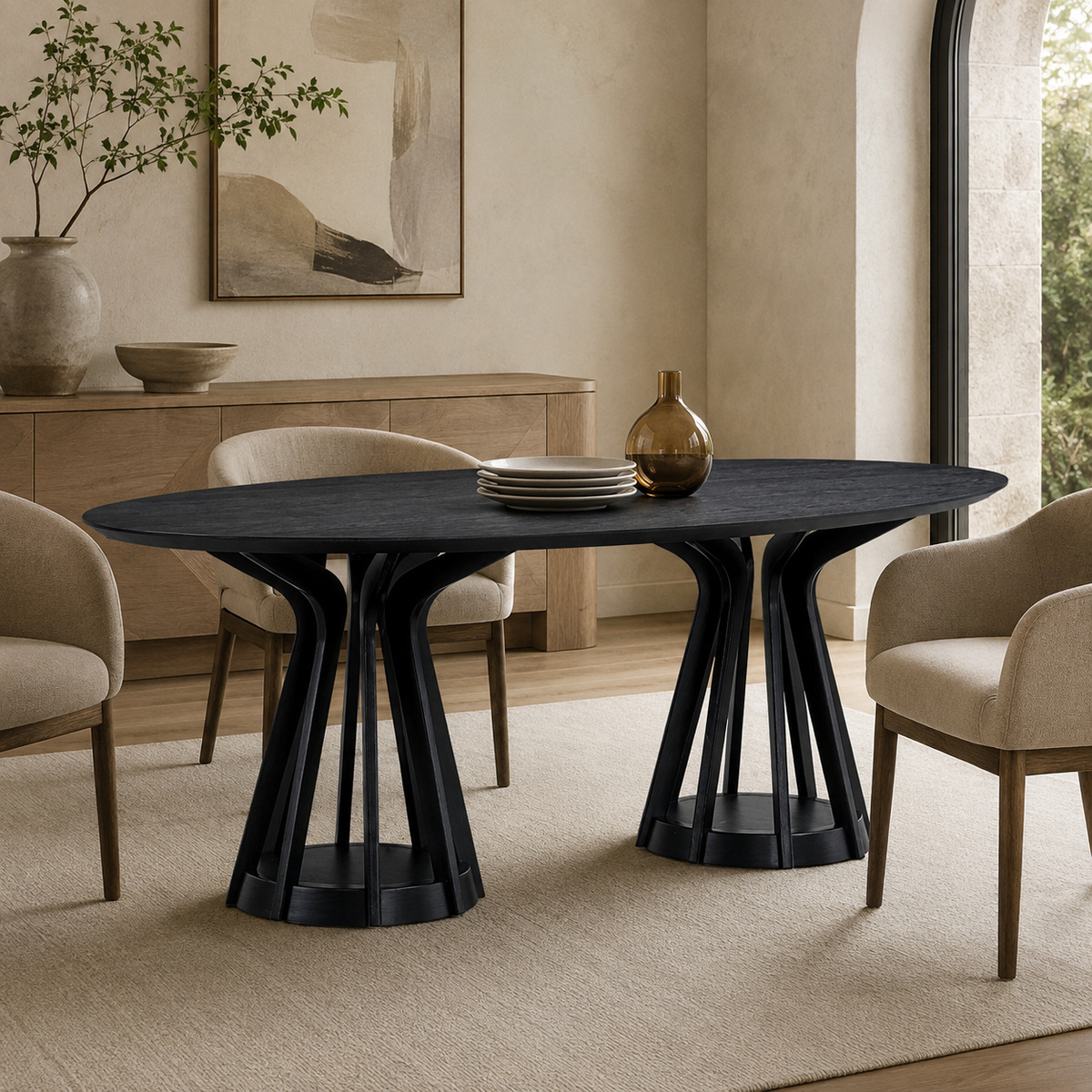 Oval Pedestal Dining Table, Black - MDF Top, Solid Wood Base