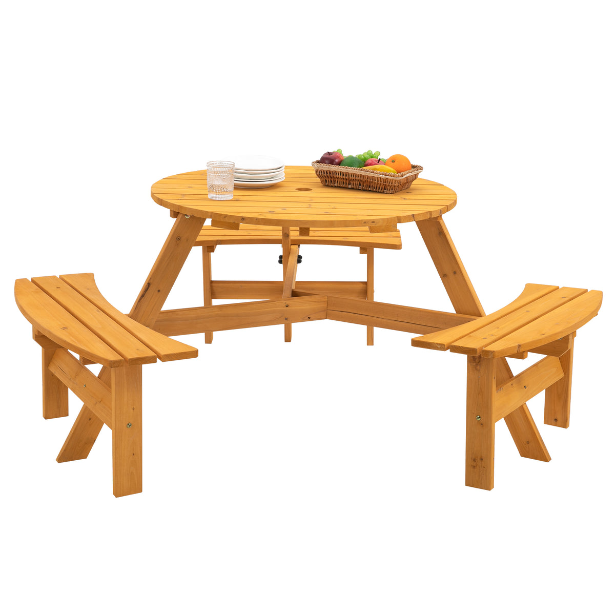 Natural Solid Wood Round Picnic Table, 66.9 in Wide