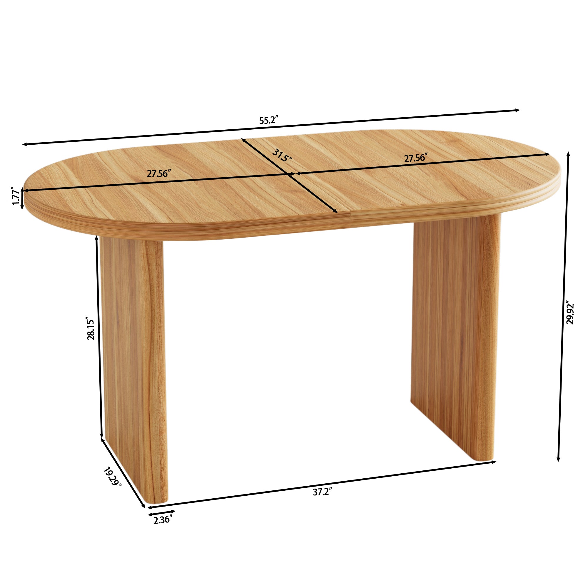 Dimension diagram of the closed oval table showing 55.2in length and 29.92in height