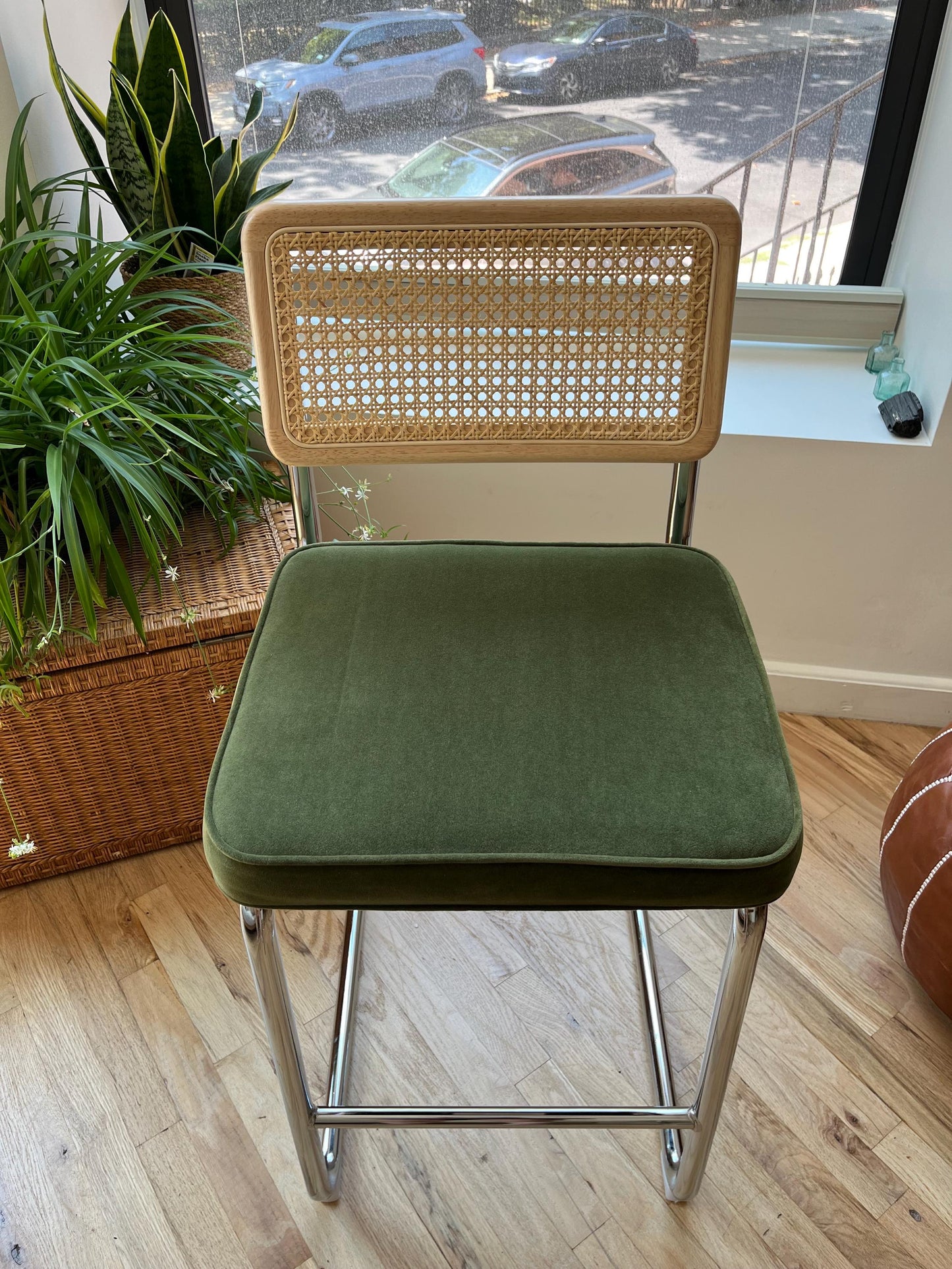 Rattan Counter Stools Set of 2 – Stainless Steel Legs & Green Velvet