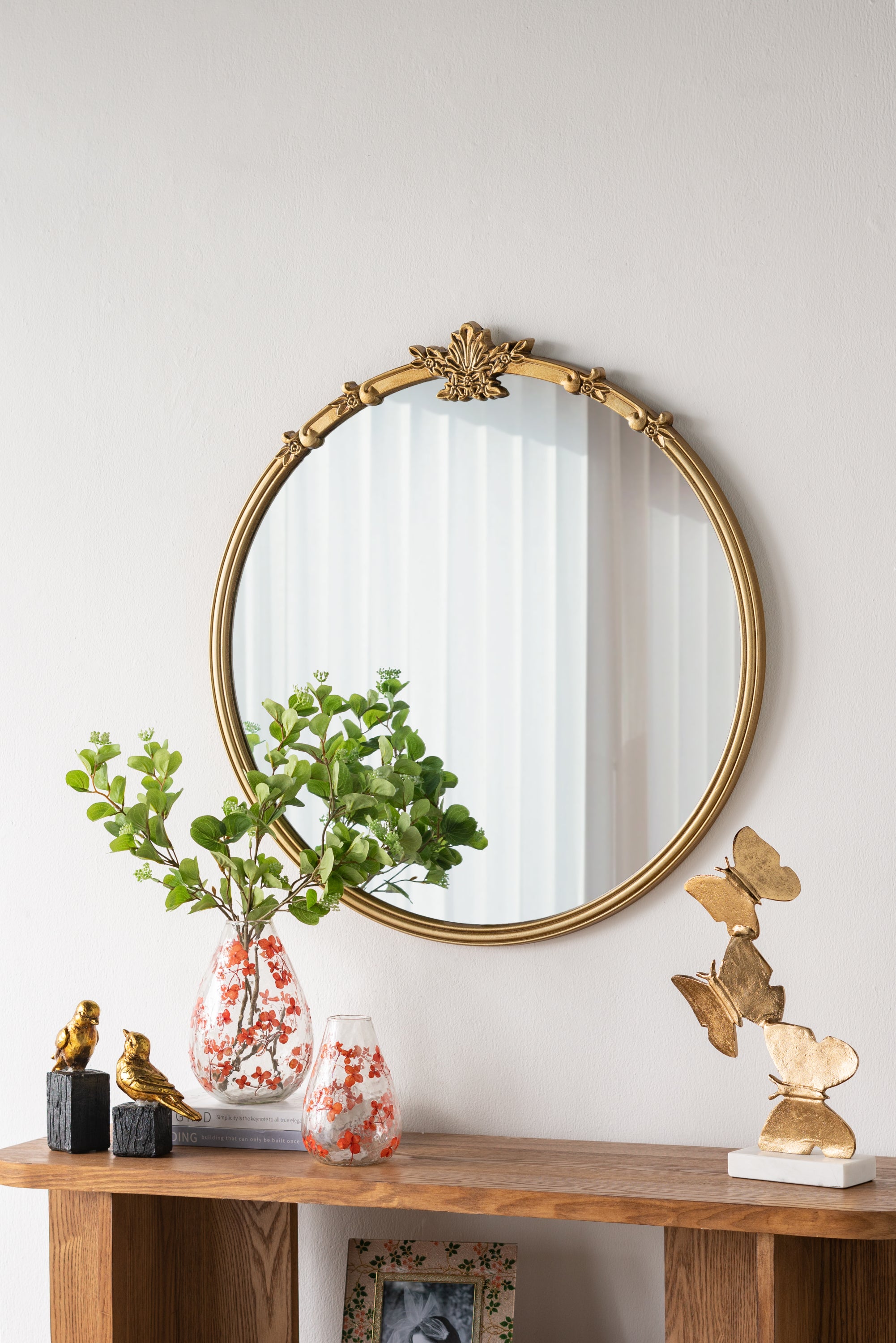 Round Gold Mirror with Carved Leaf Crest, 30 x 31 in