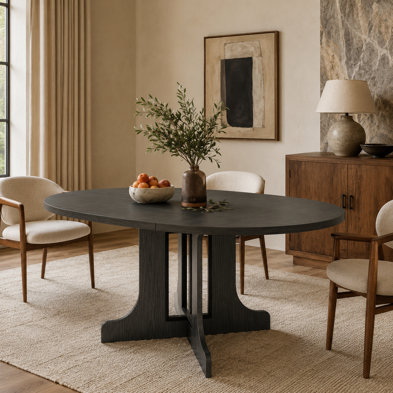 Farmhouse Oval Dining Table, Black - Extendable with Leaf, Seats 6