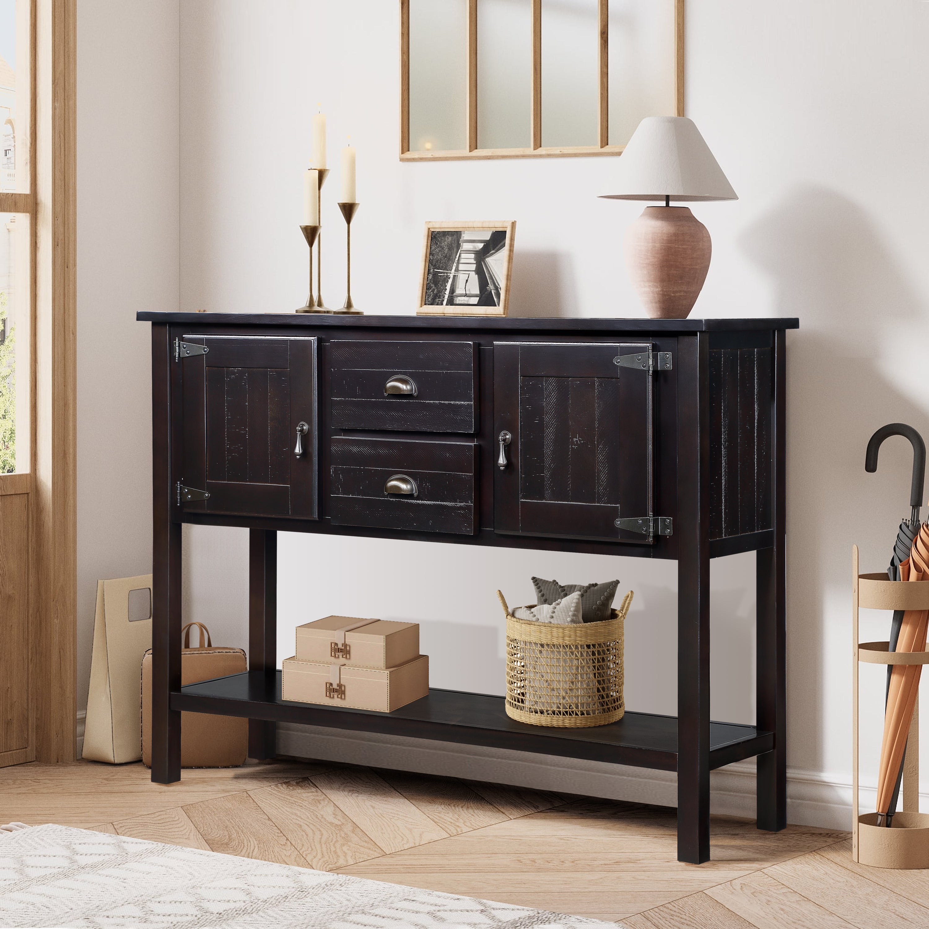 Espresso Solid Wood Sideboard, 48 in, 2 Drawers 2 Doors