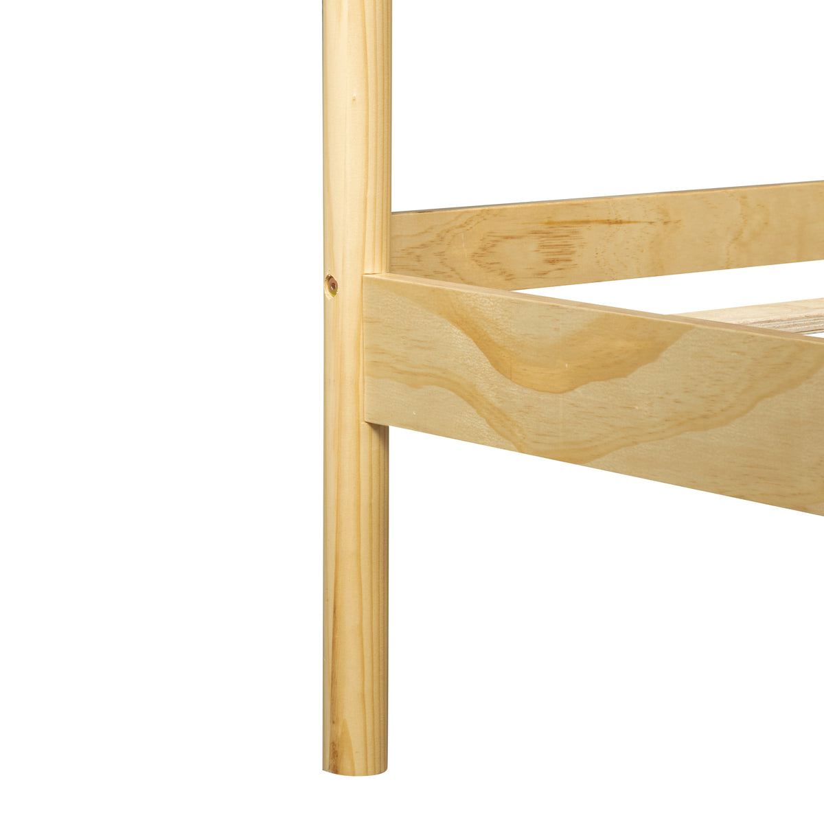Detail of the natural pine headboard post joined to the slat frame