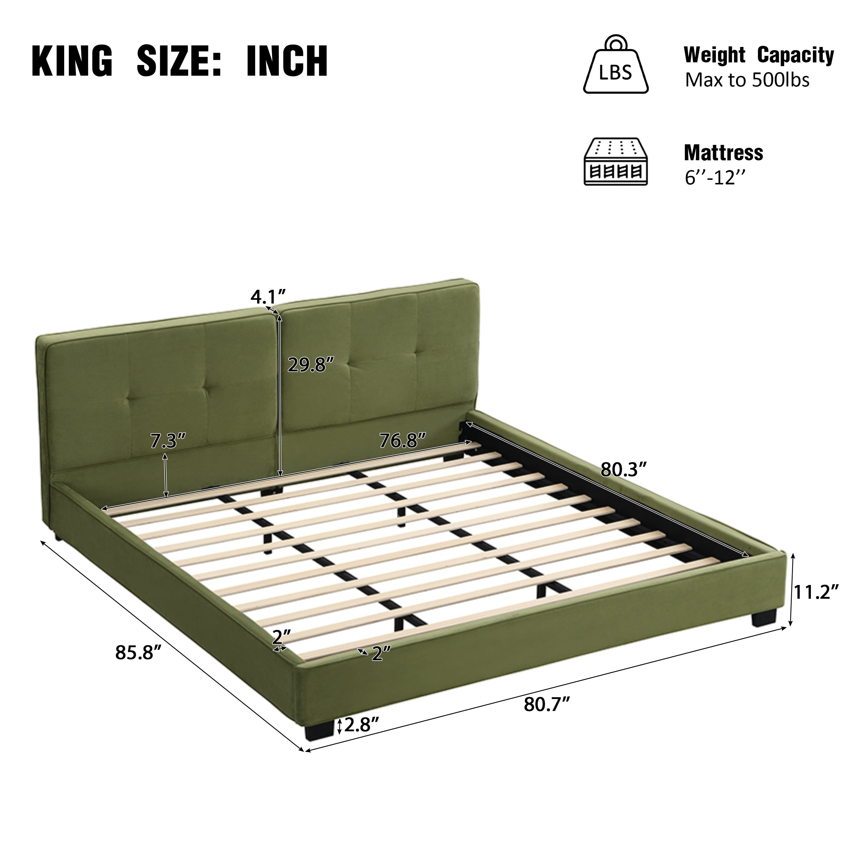 Olive green velvet king bed frame on white background, three-quarter angle