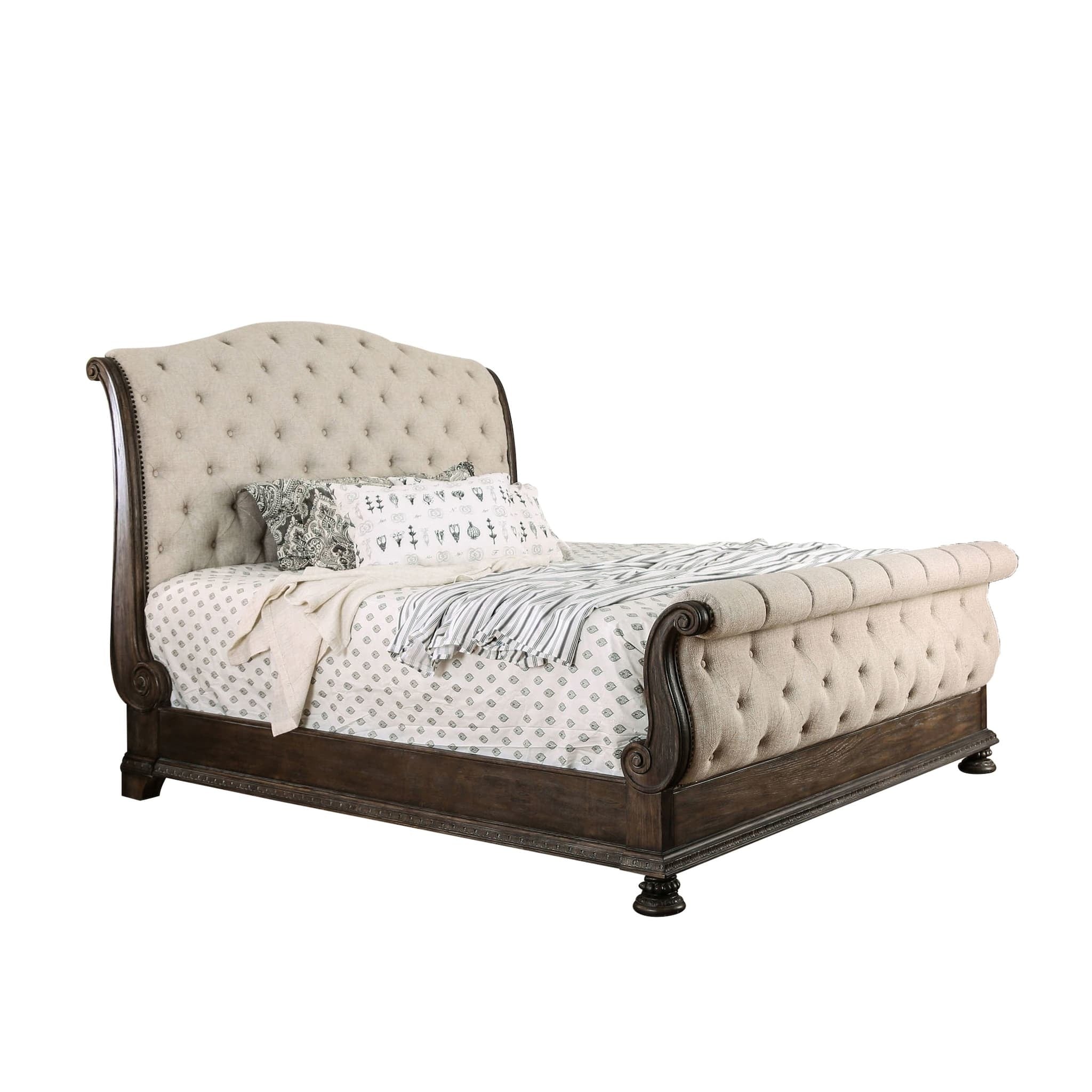 King Size Sleigh Bed Frame, Upholstered Linen, Beige