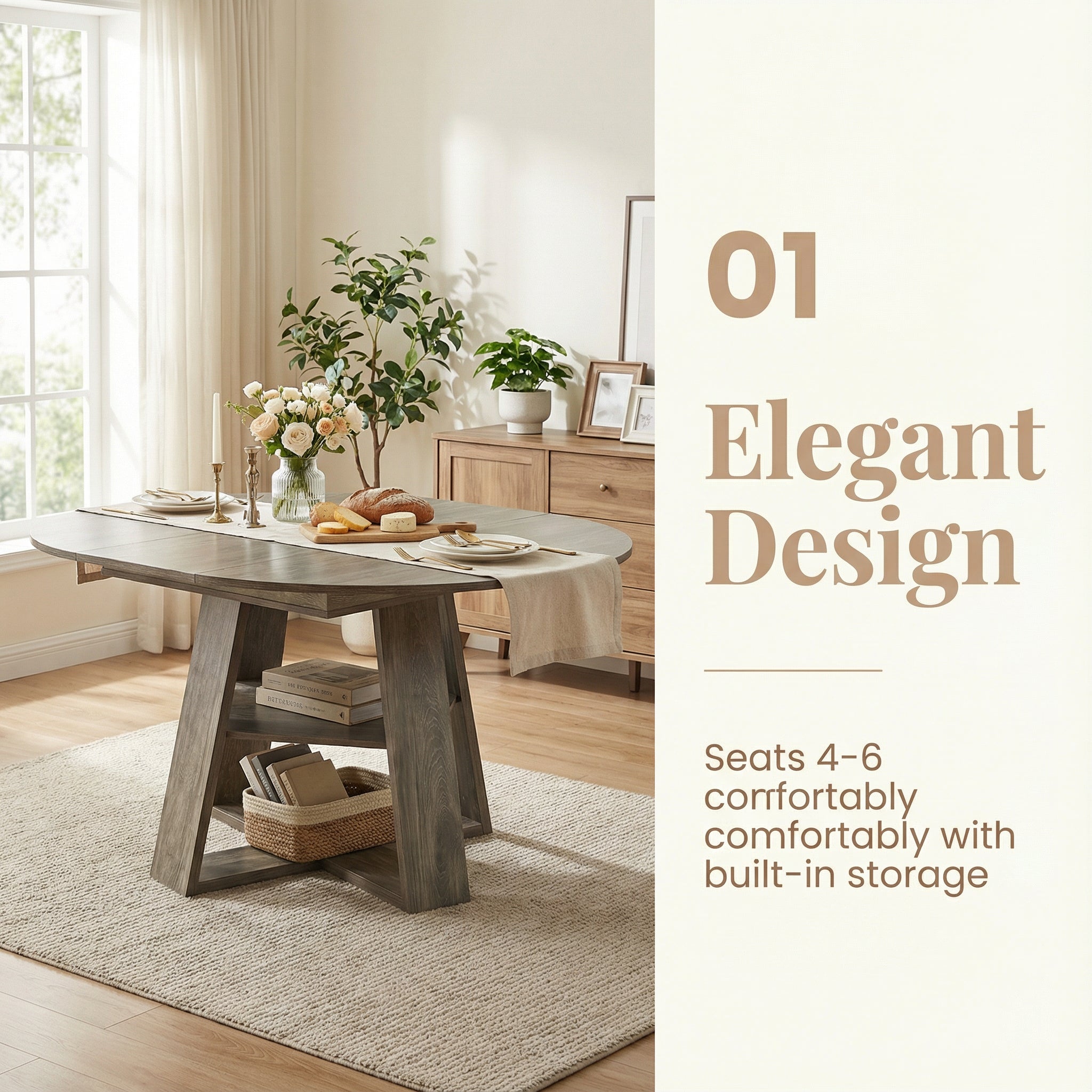 Feature graphic on elegant design seating four to six with built-in storage