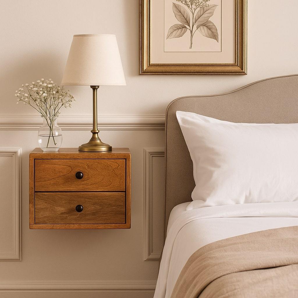 Oak Wall-Mounted Nightstand, 2 Drawers, Solid Mango Wood