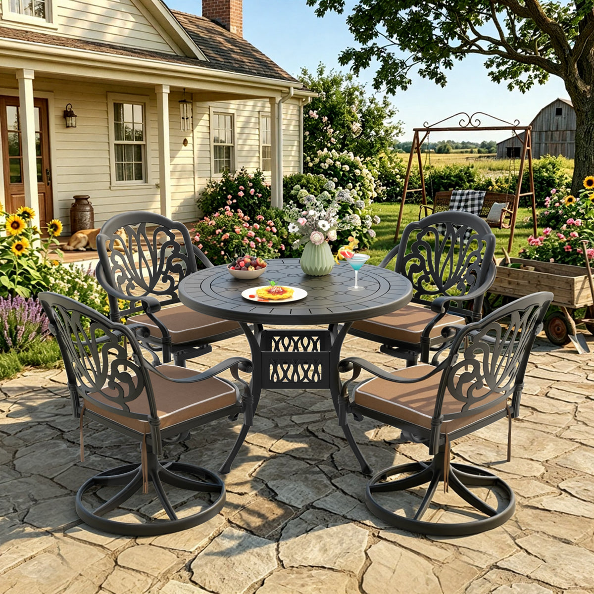 Black Aluminum 5-Piece Patio Dining Set for 4 with Cushions, Swivel, Round