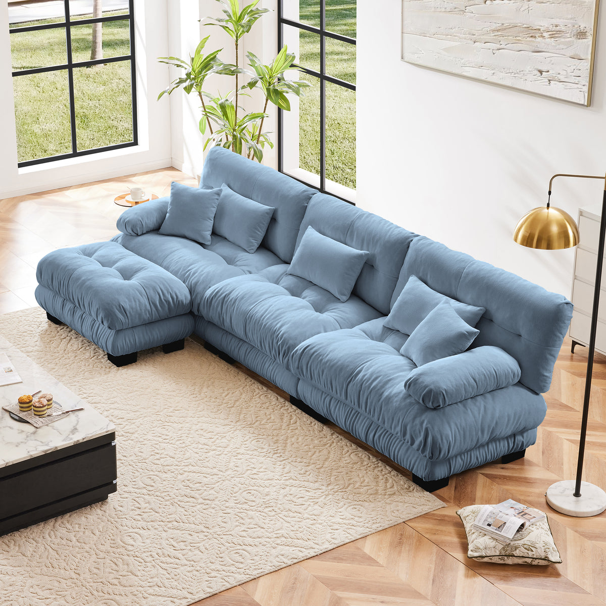 Blue Chenille Modular Sectional Couch with Ottoman, Bolster Arms