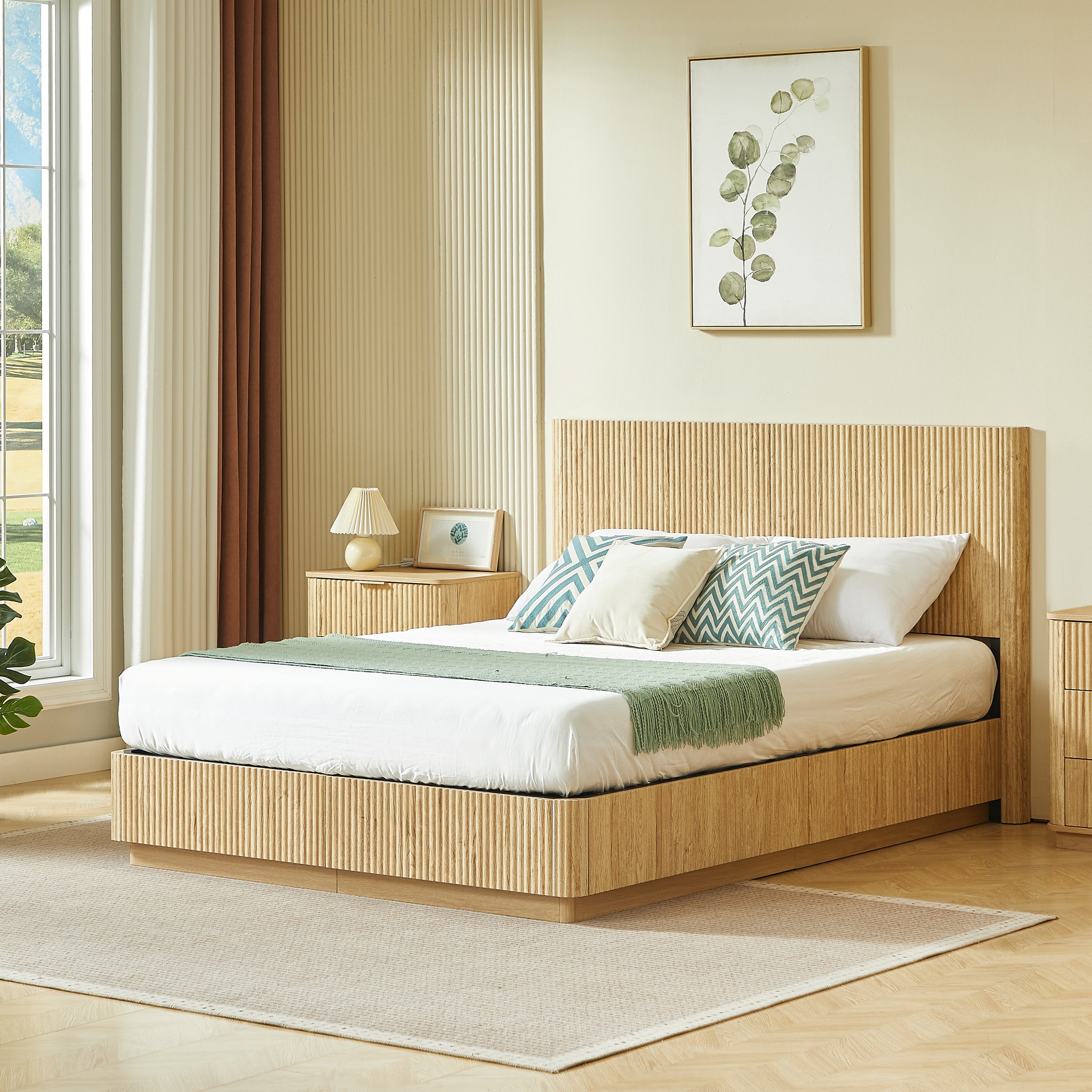 Angled view of light oak fluted queen platform bed styled in a bright bedroom with nightstand #Color_Oak
