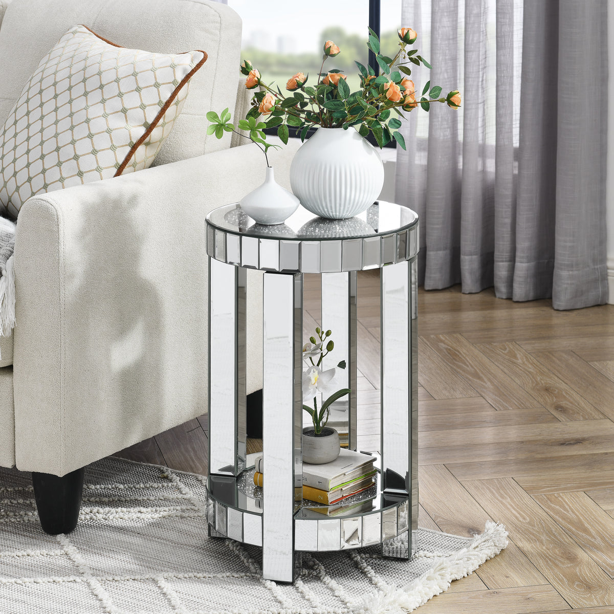 Silver Glass Top Round Side Table with Storage, 13.8 in