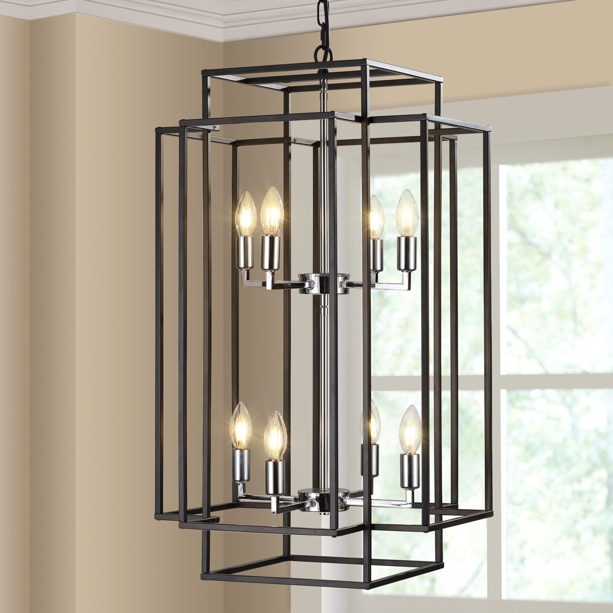 Chandelier, 8-Light Farmhouse Iron Frame, Chrome
