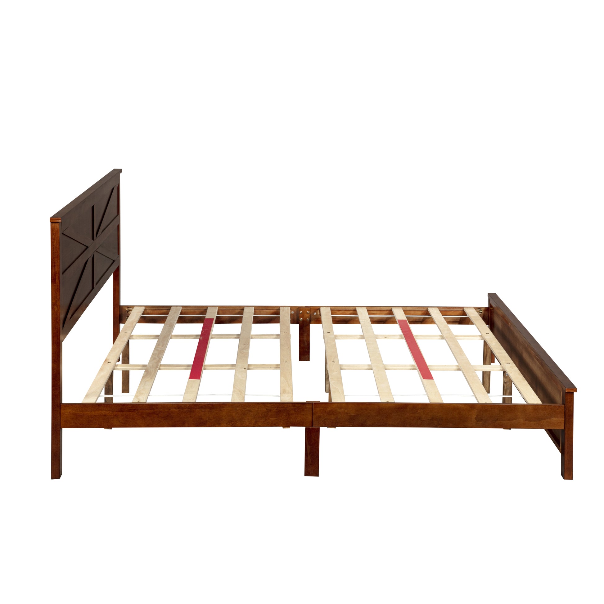 Side profile of farmhouse walnut king bed frame showing leg height