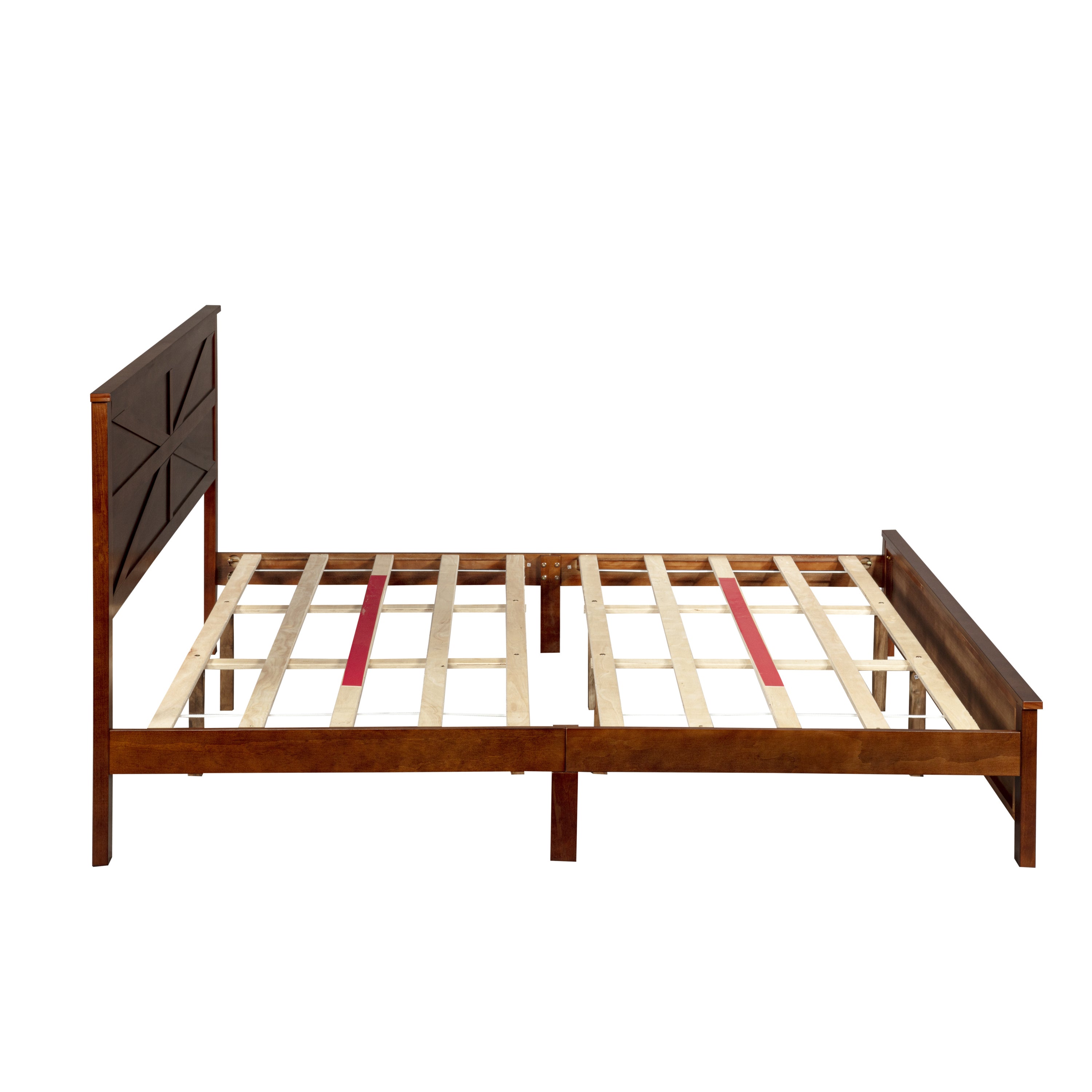Side profile of farmhouse walnut king bed frame showing leg height