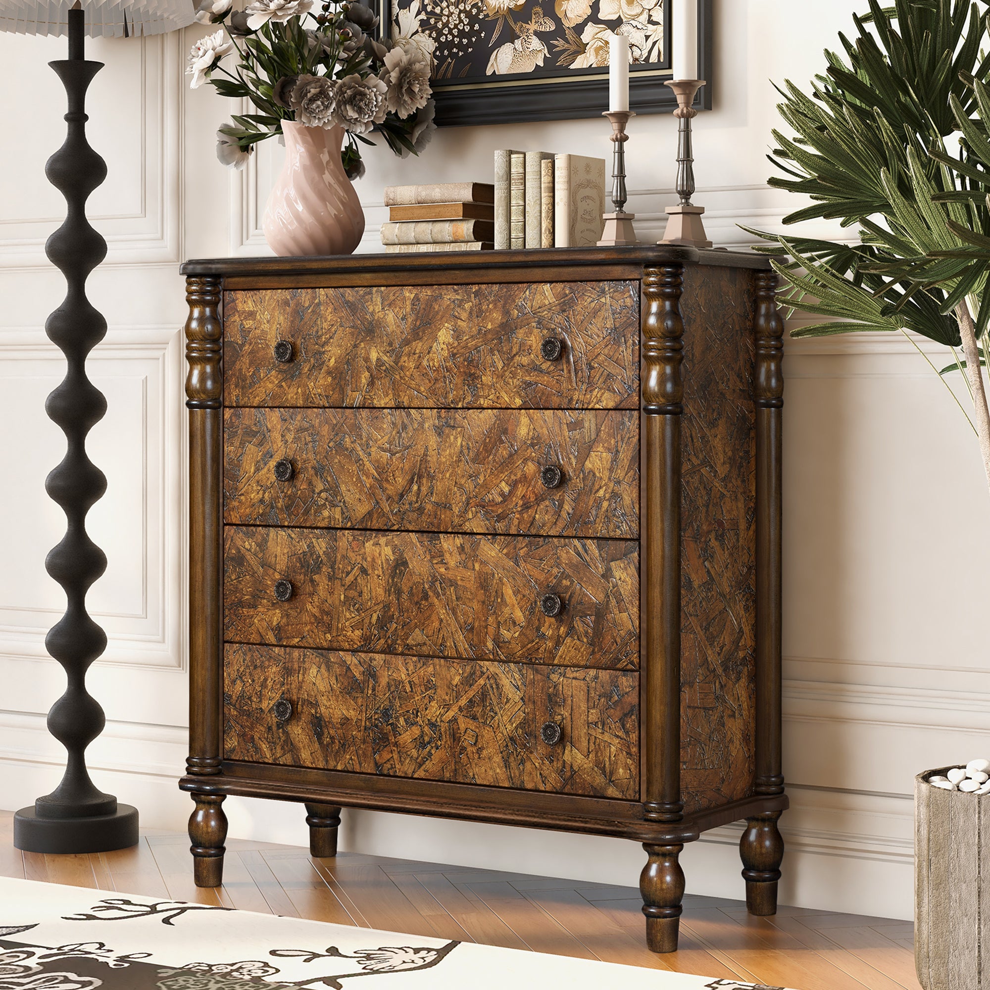 Narrow Walnut Dresser, 4 Drawers, 12 Inches Deep