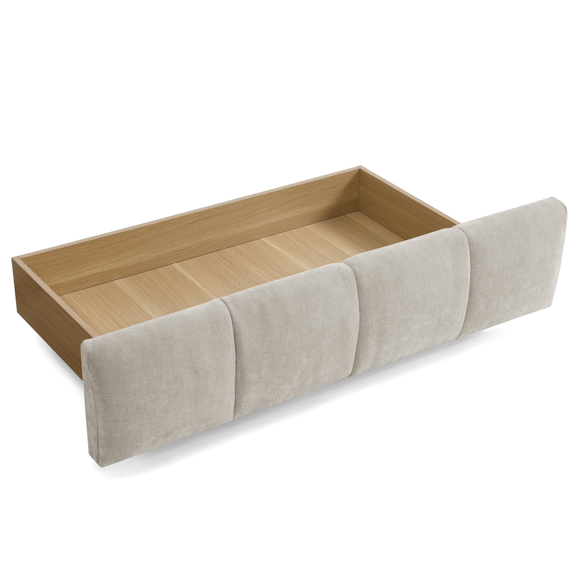 Single upholstered beige chenille storage drawer removed, showing the wood drawer box on rollers
