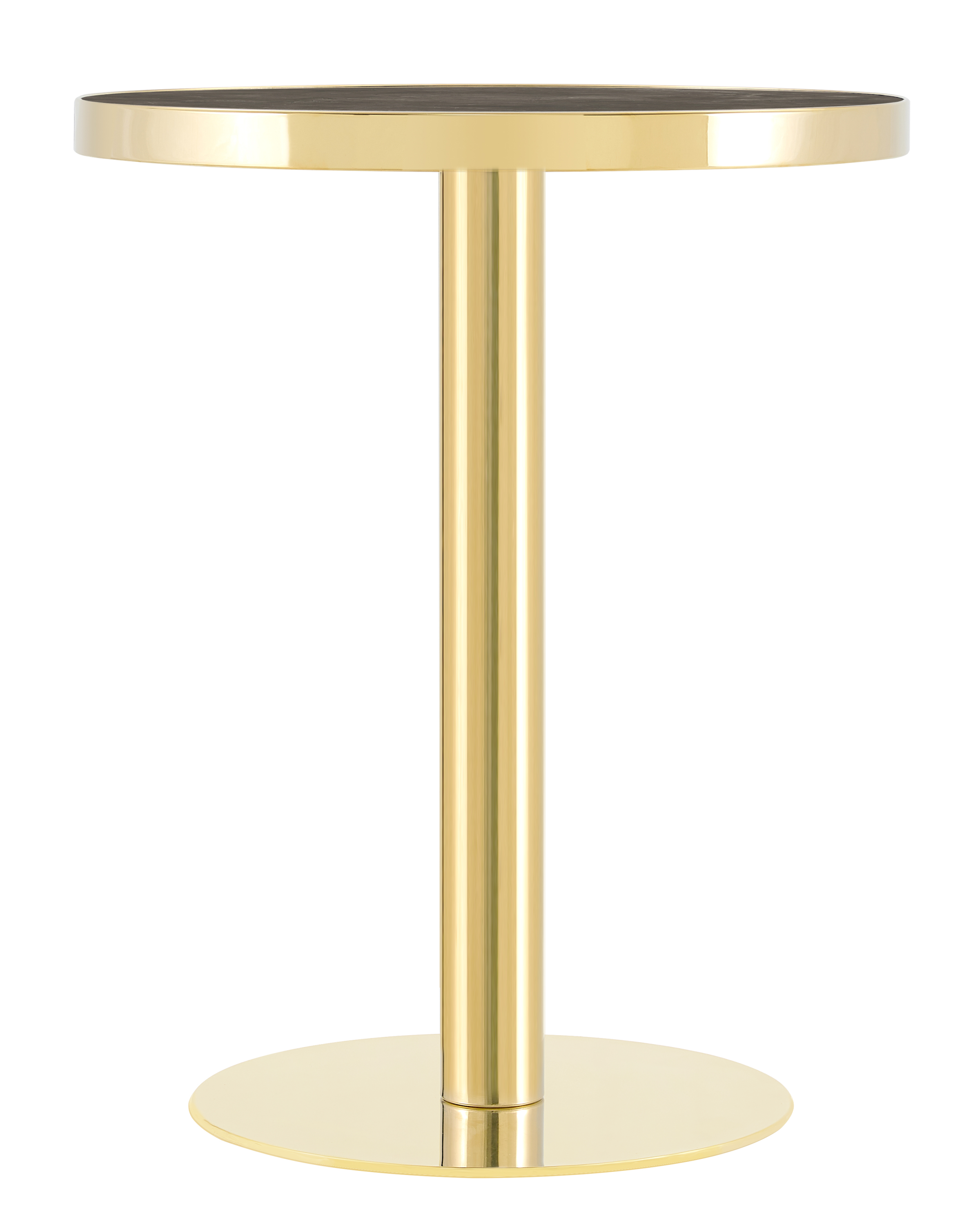 Front view of the gray faux marble bistro table with gold pedestal base on a white background