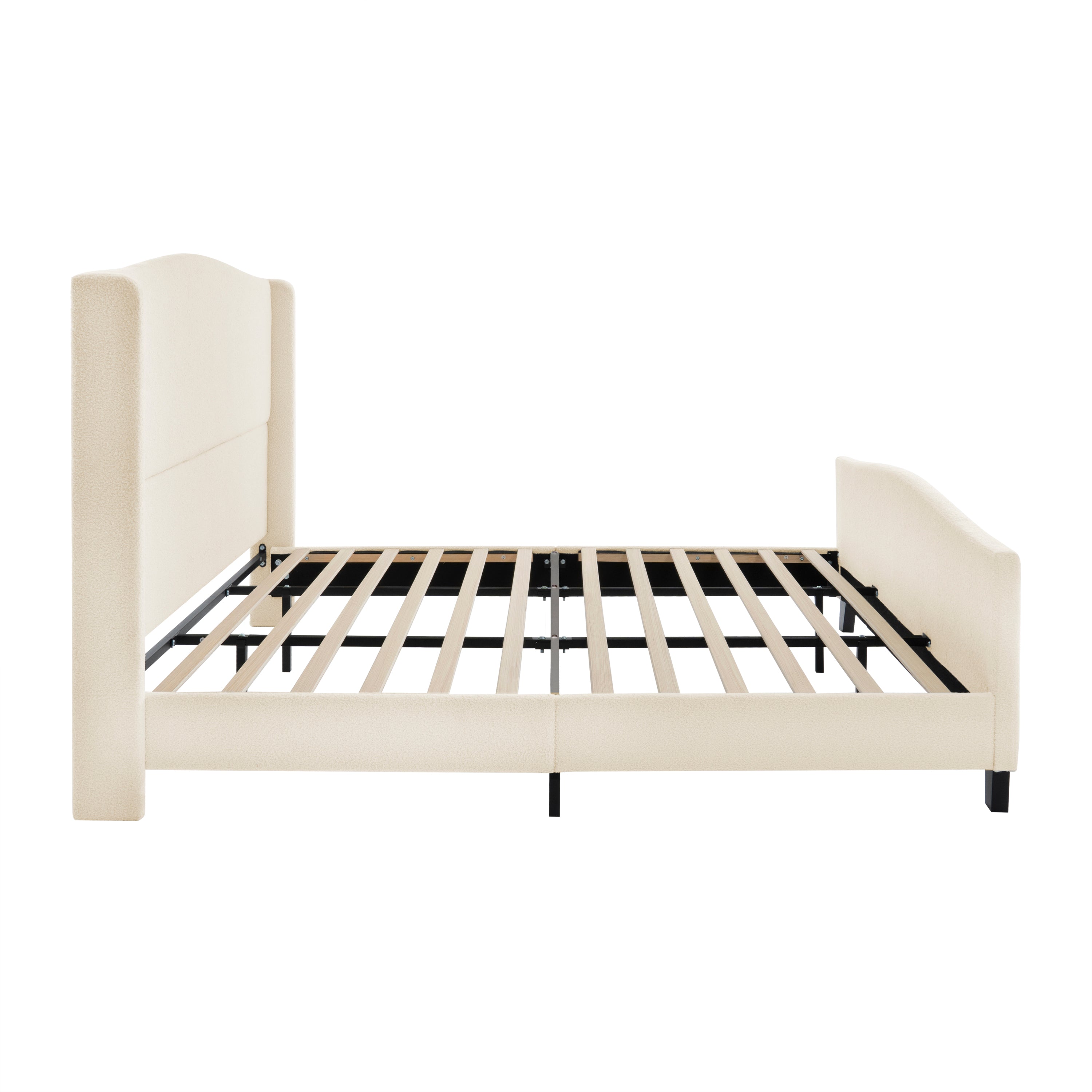 Detail of wood slat and black metal support bracket on bed frame