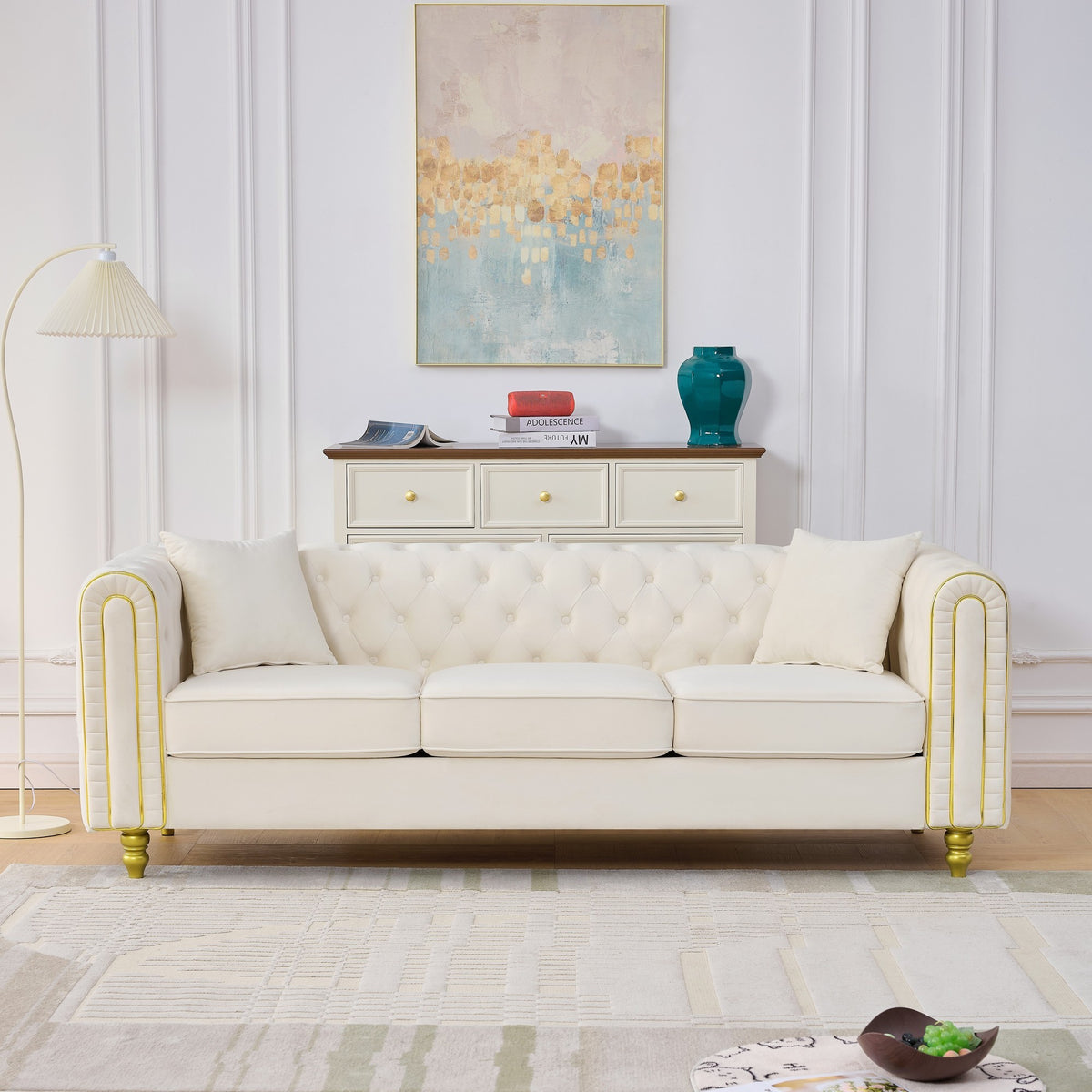 Beige Velvet 3-Seat Chesterfield Sofa, 86 in Wide