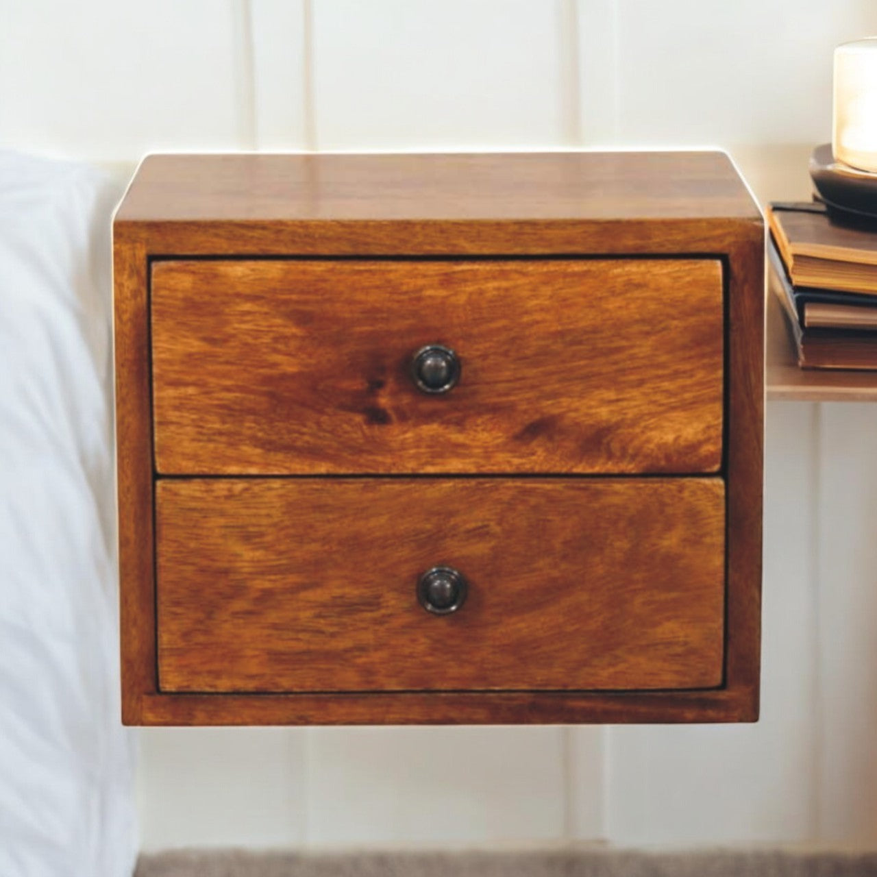 Floating Nightstand with 2 Drawers, Chestnut Mango Wood