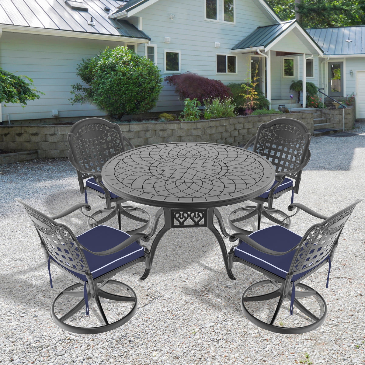 Black Aluminum 5-Piece Patio Dining Set for 4 with Cushions, Swivel, Round