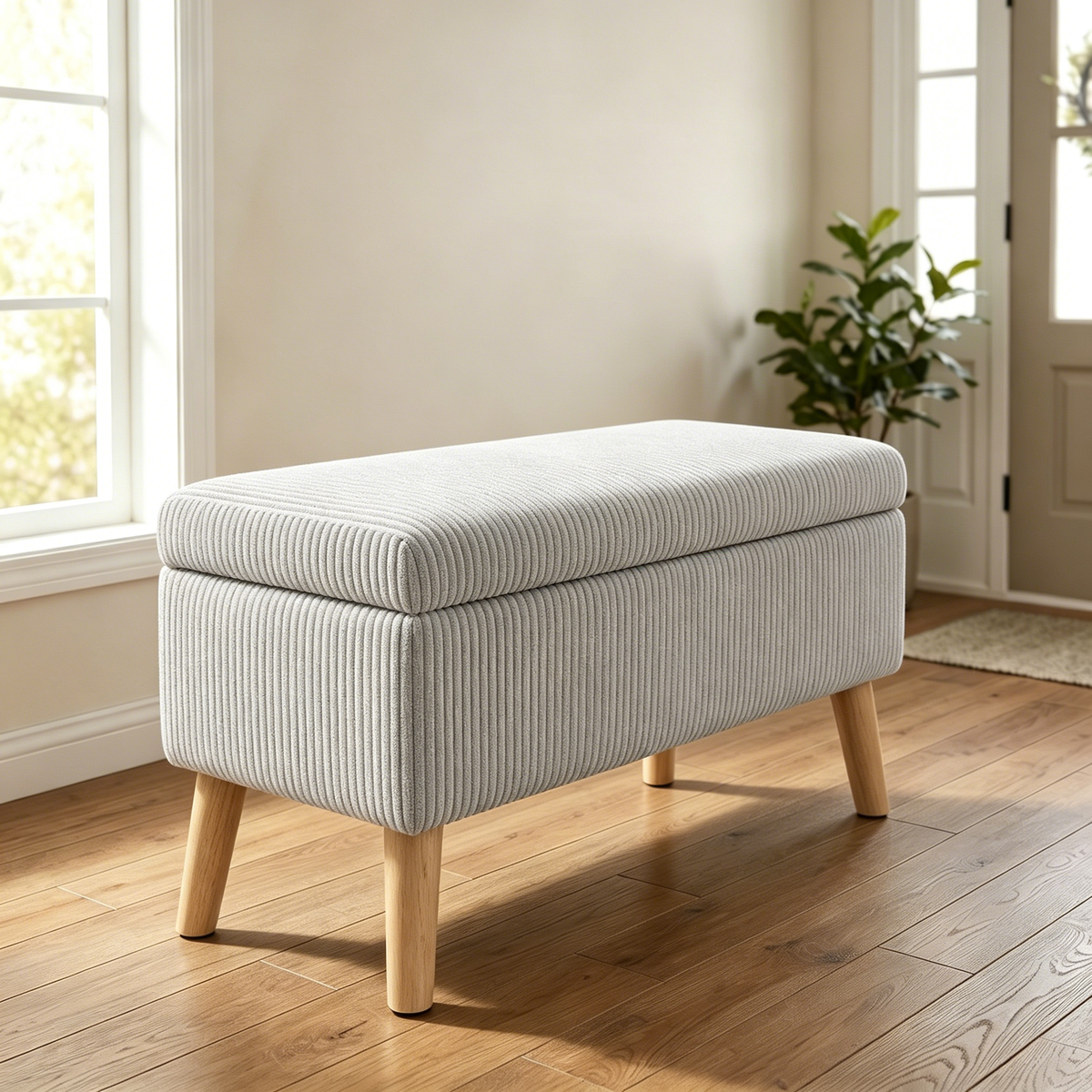 Beige Corduroy Storage Ottoman Bench, 32 in