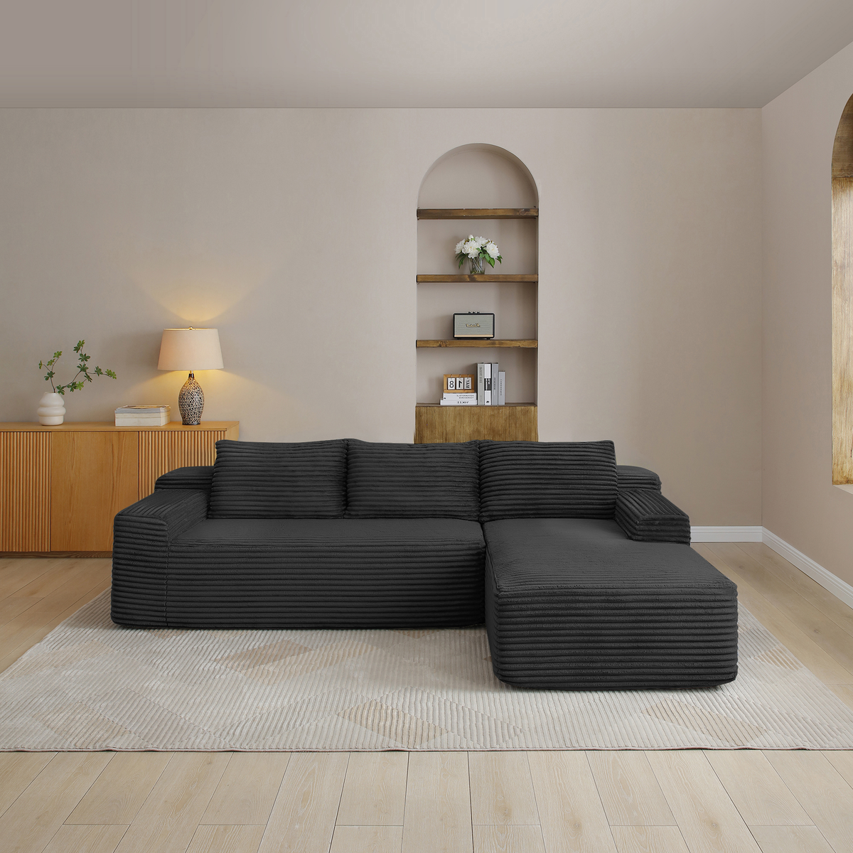Black Corduroy L-Shaped Modular Sectional, 97 in Wide, Right-Facing