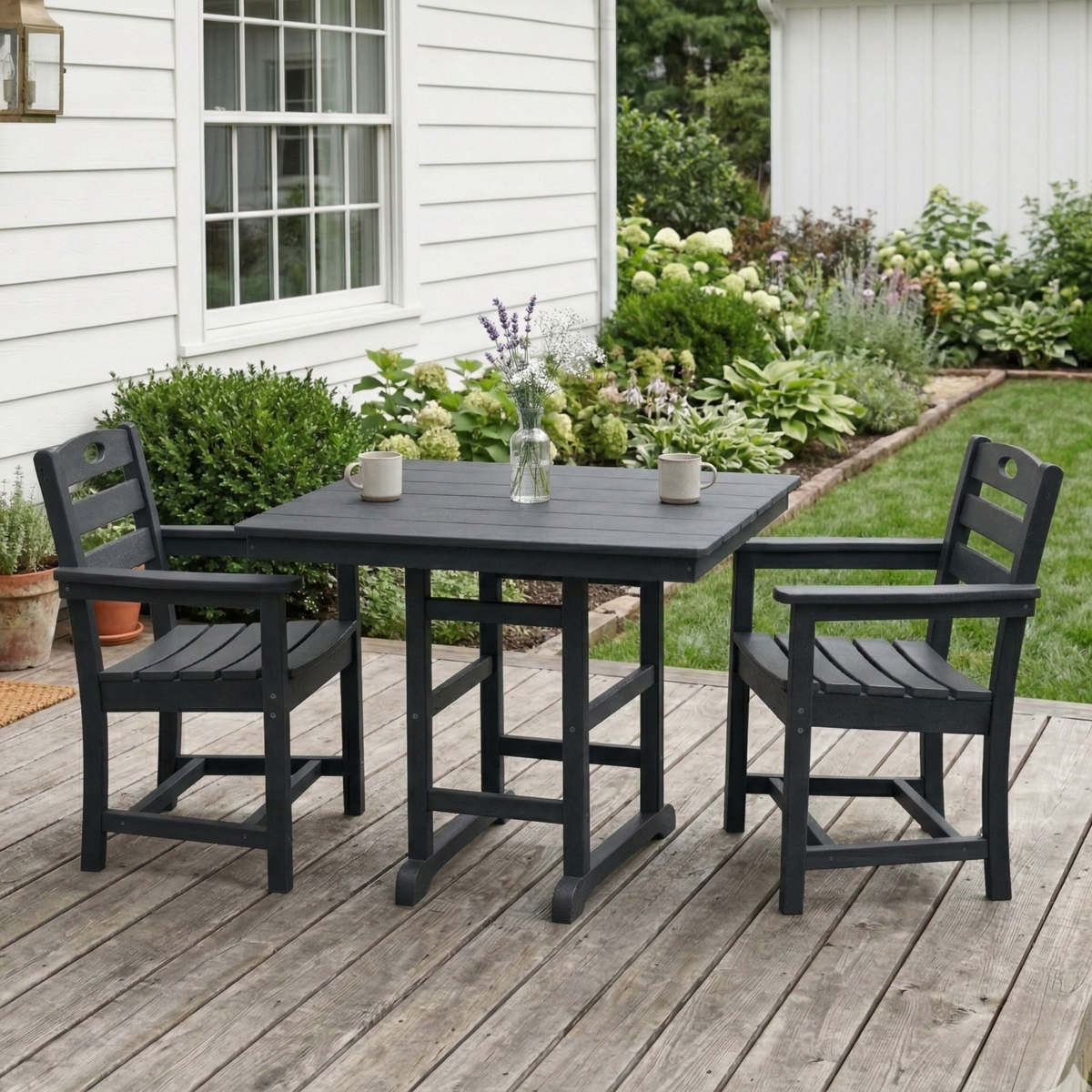Black HDPE 3-Piece Patio Dining Set for 2, with Arms
