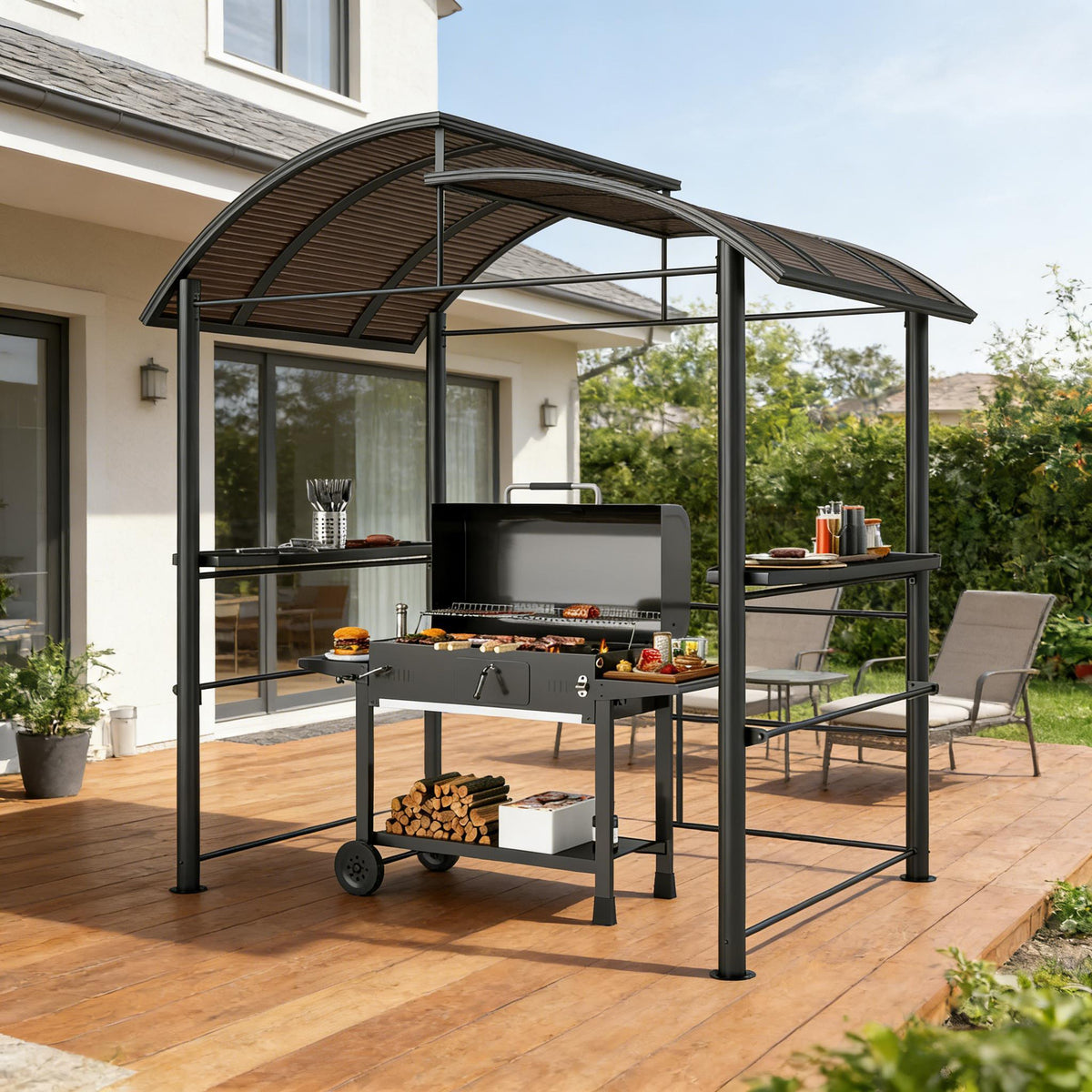 Dark Gray Metal Gazebo with Side Shelves, 4.9x7.9 ft