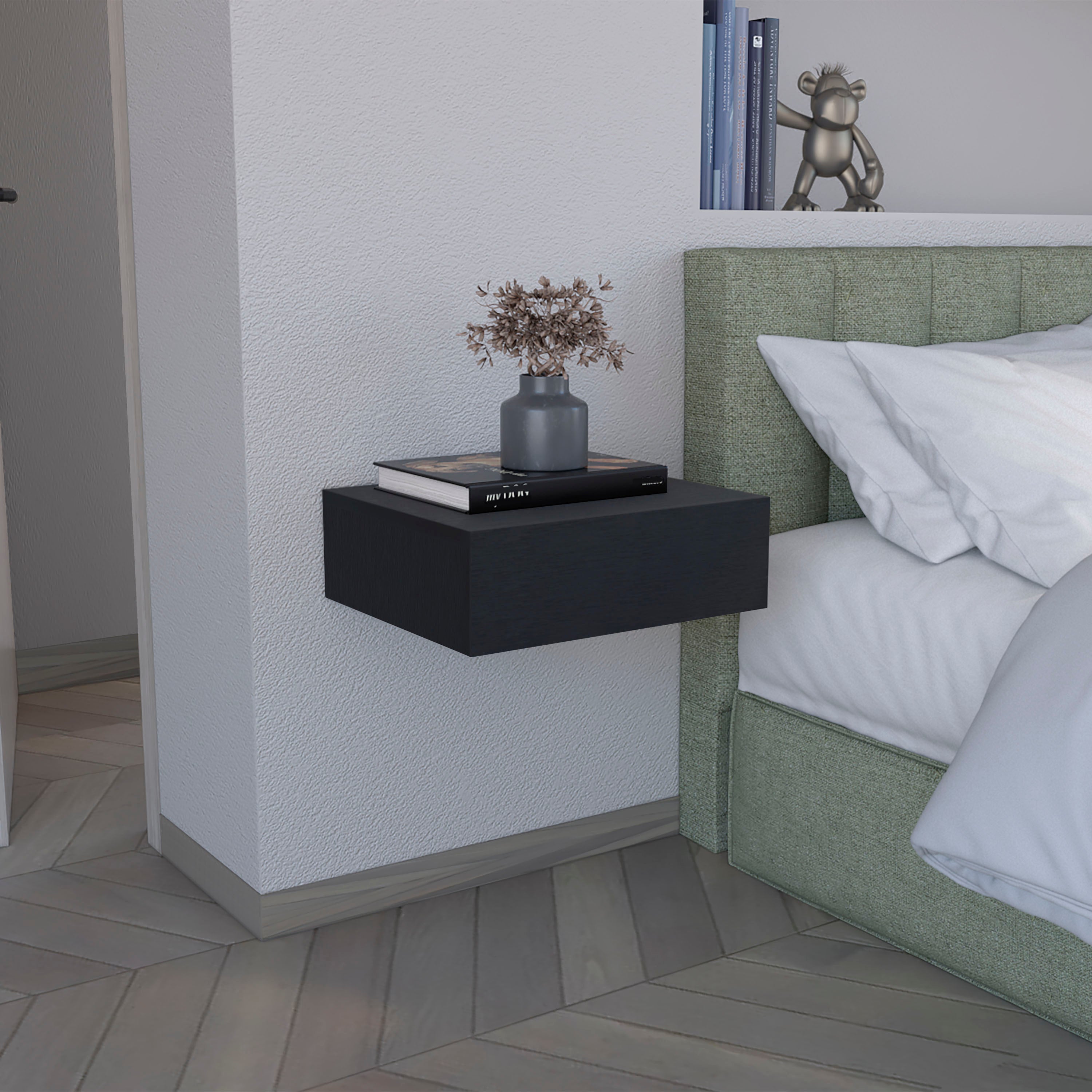 Slim Wall Mounted Nightstand with Drawer, Black