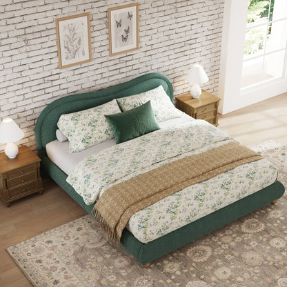 Olive green king bed frame in bedroom with floral bedding, angled view