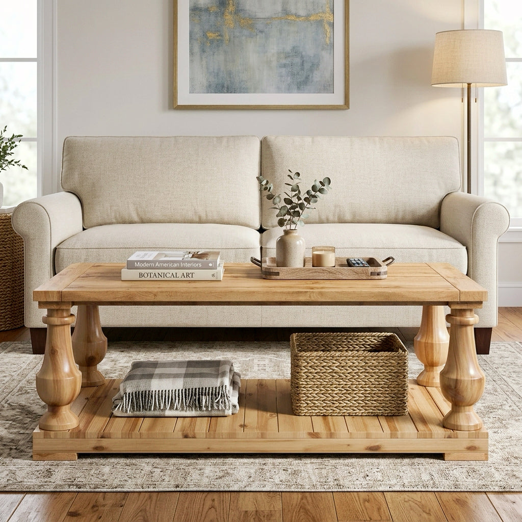 Natural Solid Wood Coffee Table with Storage, 42 in