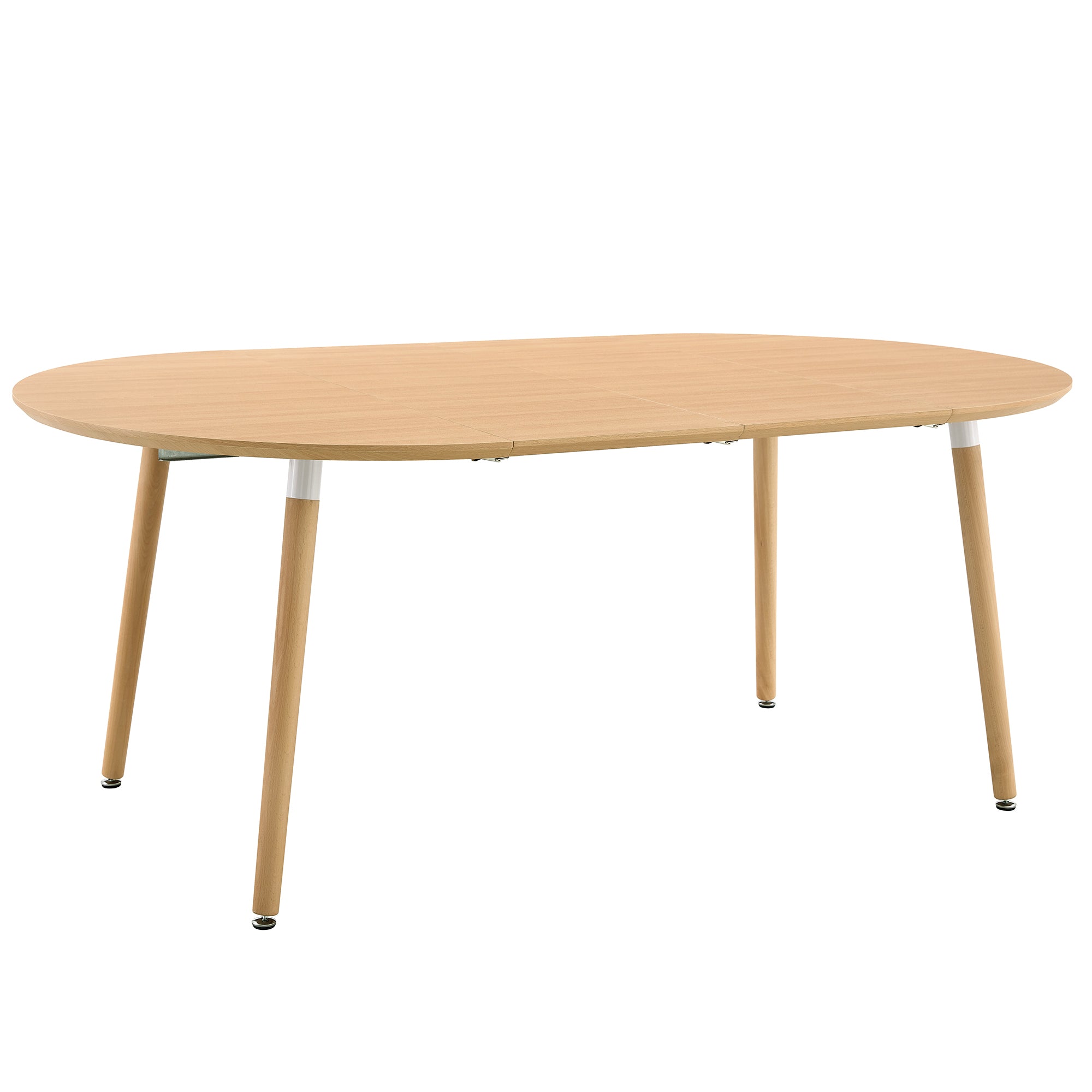 Fully extended oval oak-look dining table, three-quarter view on a white background
