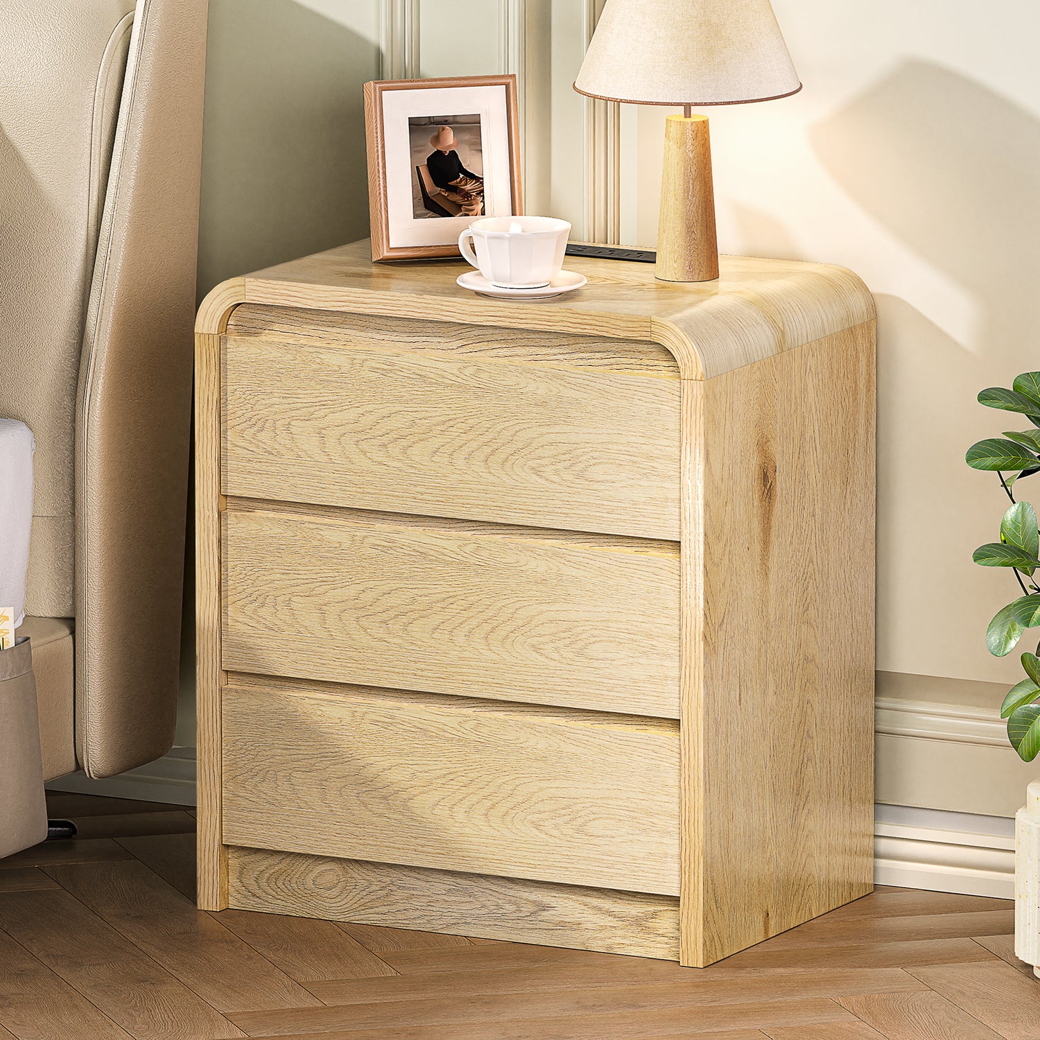 3-Drawer Nightstand with Charging Station and USB Ports, Natural