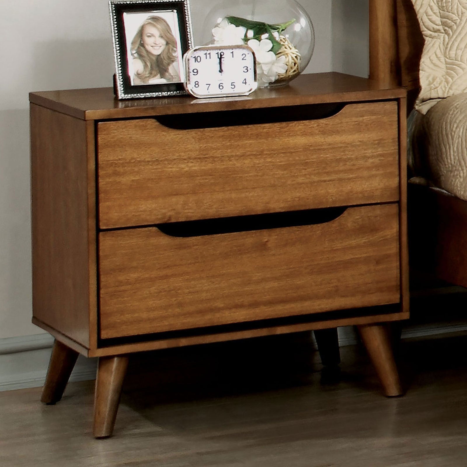 Mid-Century Solid Wood 2-Drawer Nightstand, Oak