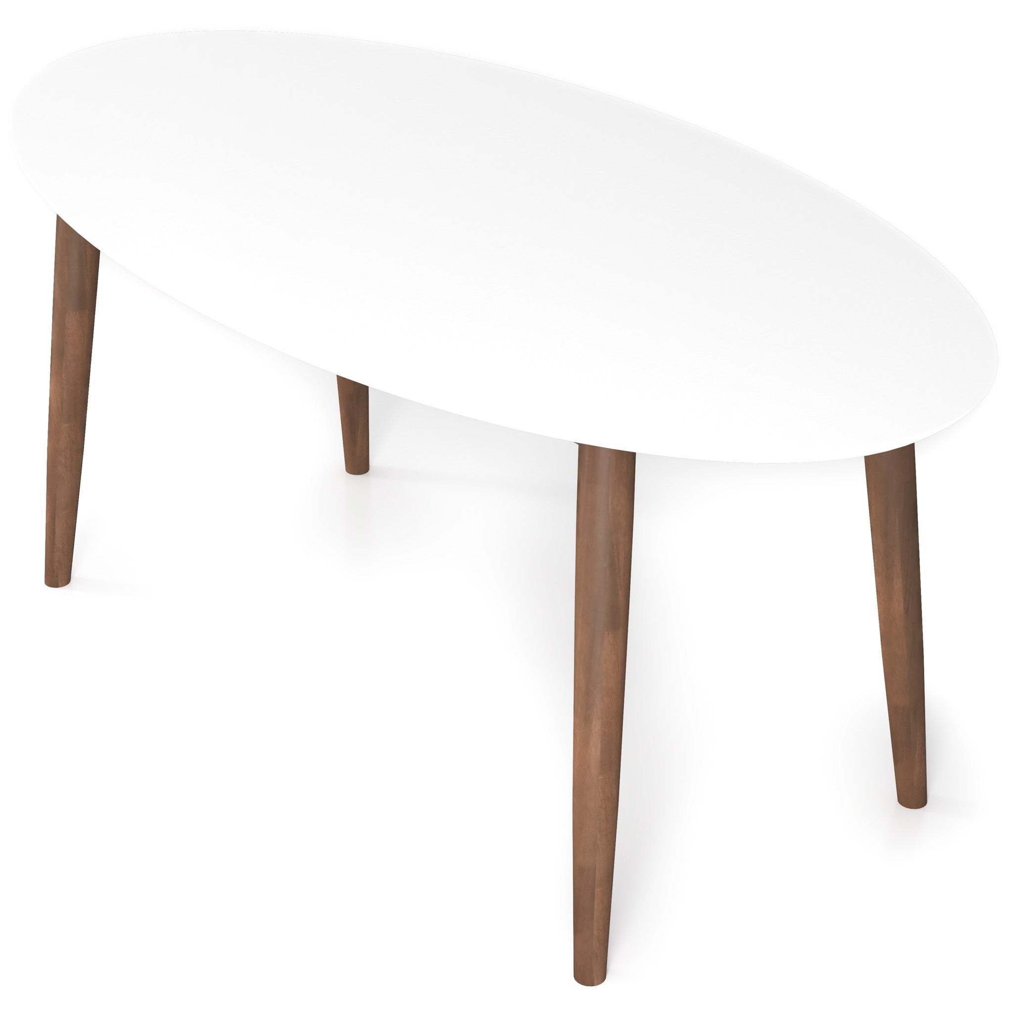 White-top oval dining table with walnut legs, angled view on white background