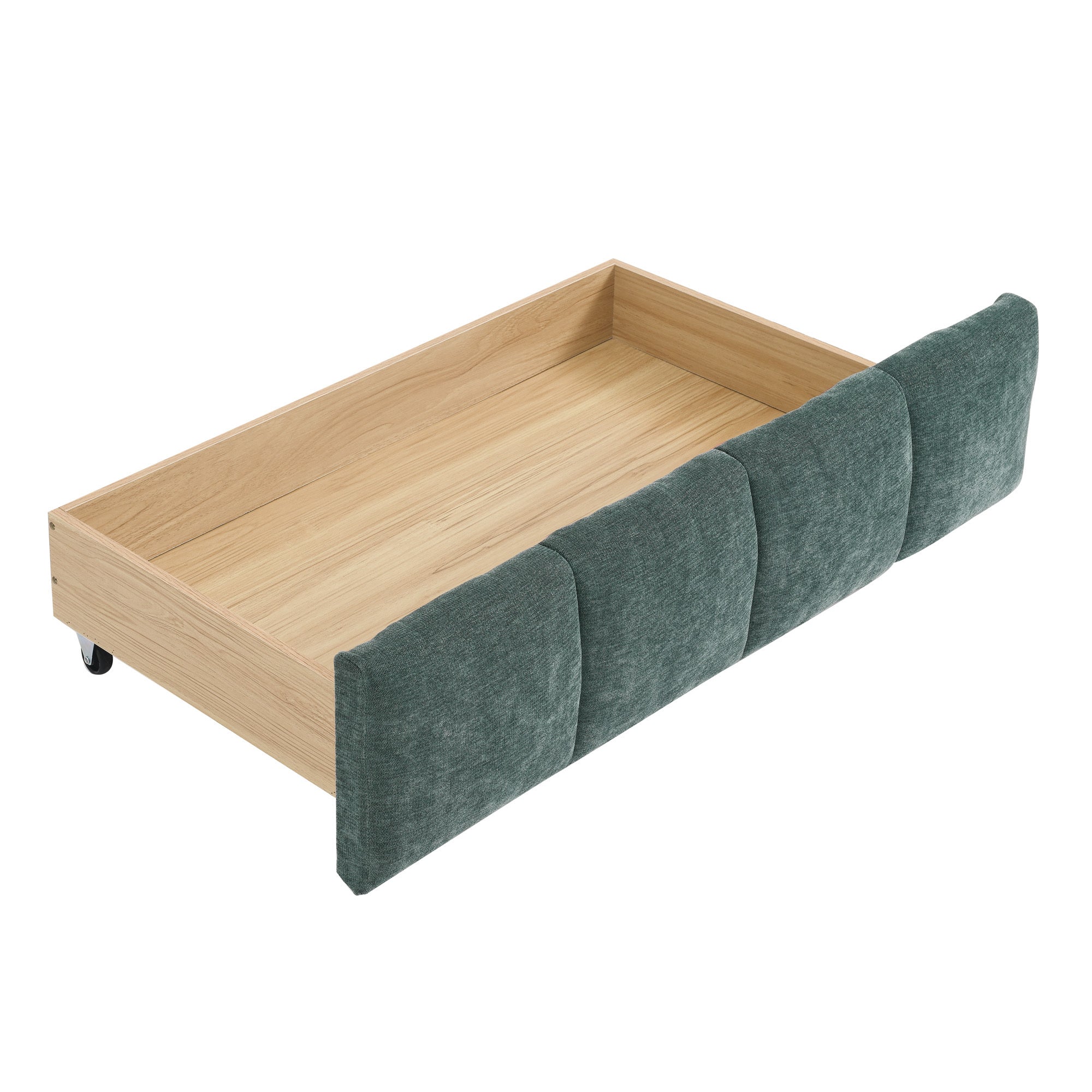 Blue-green chenille bed frame side profile on white background