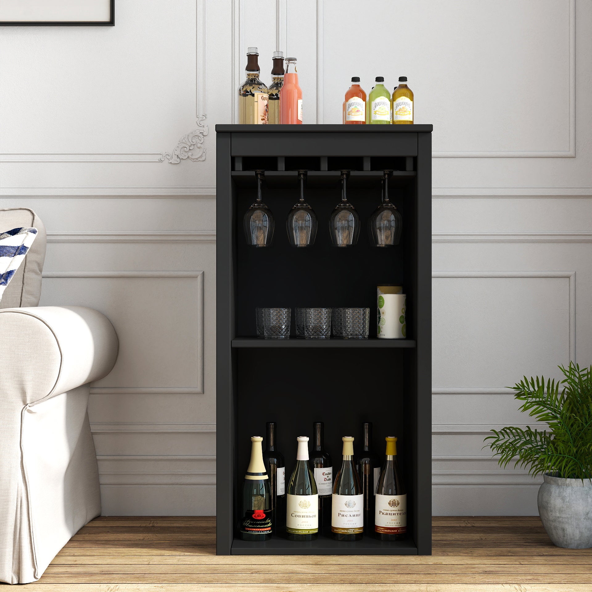 Black Wine Bar Cabinet with Stemware Rack and Open Shelves