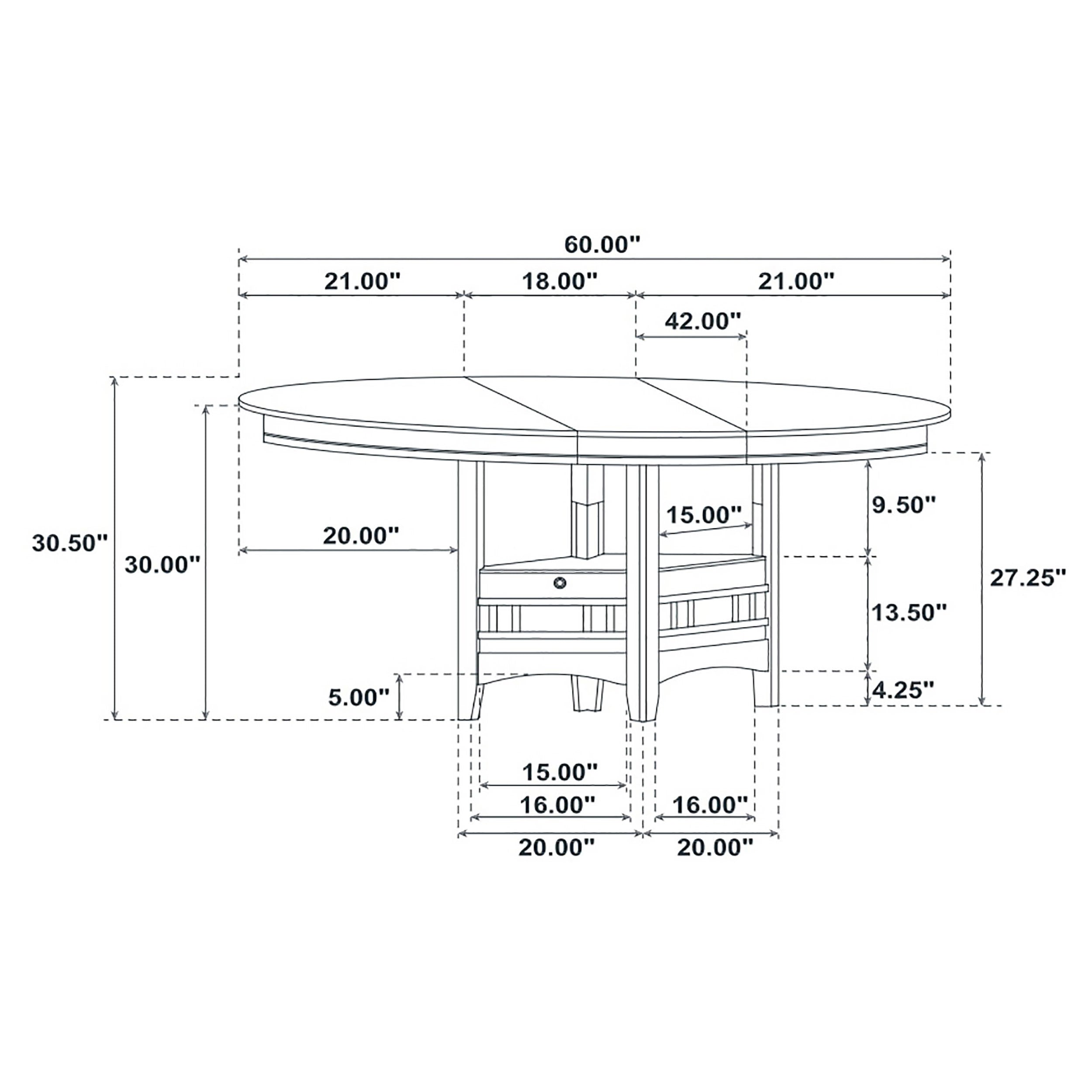 Dimension diagram of the table: 60 in wide, 30 in high, with storage base measurements