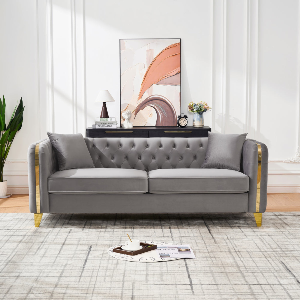 Gray Velvet 3-Seat Chesterfield Sofa, 81 in Wide
